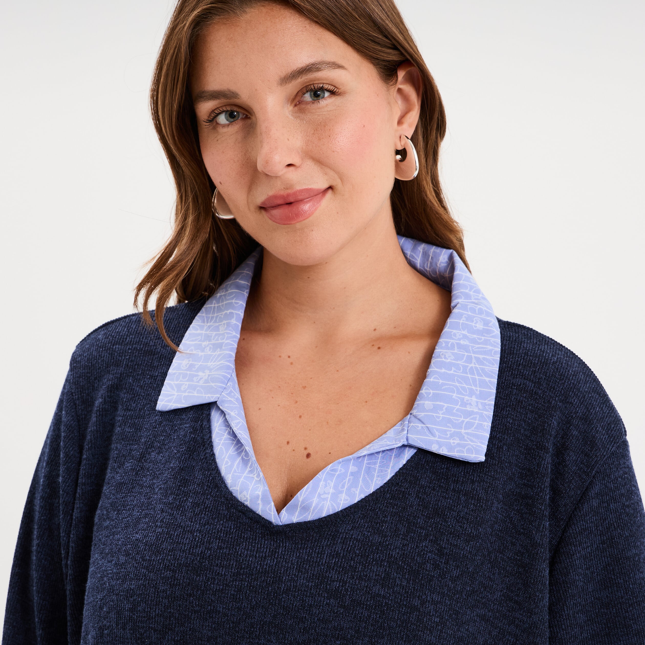 Pull effet 2-en-1 avec manches 3/4 bleu marine femme grande taille