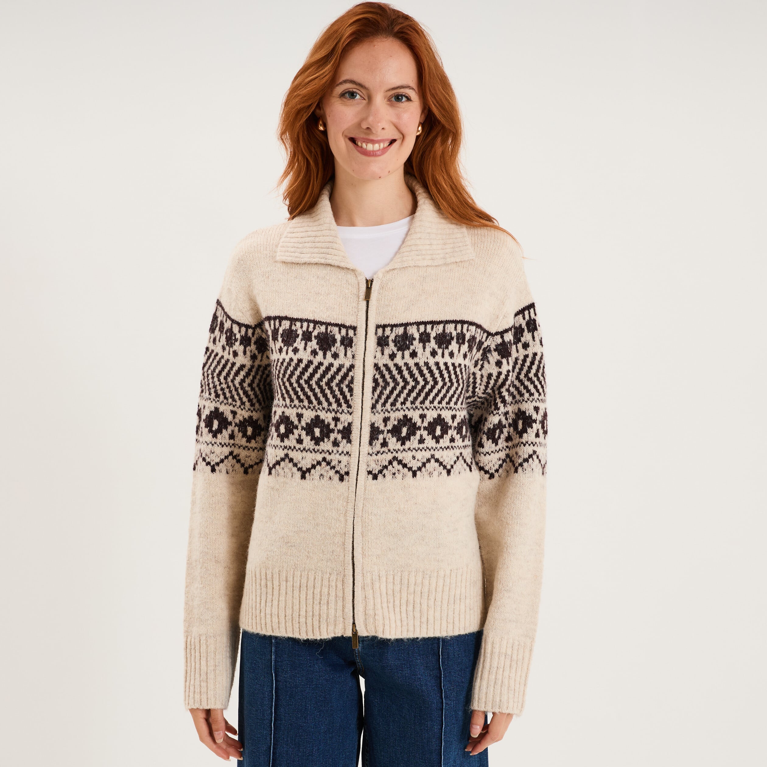 Gilet droit col &agrave; revers zipp&eacute; beige femme