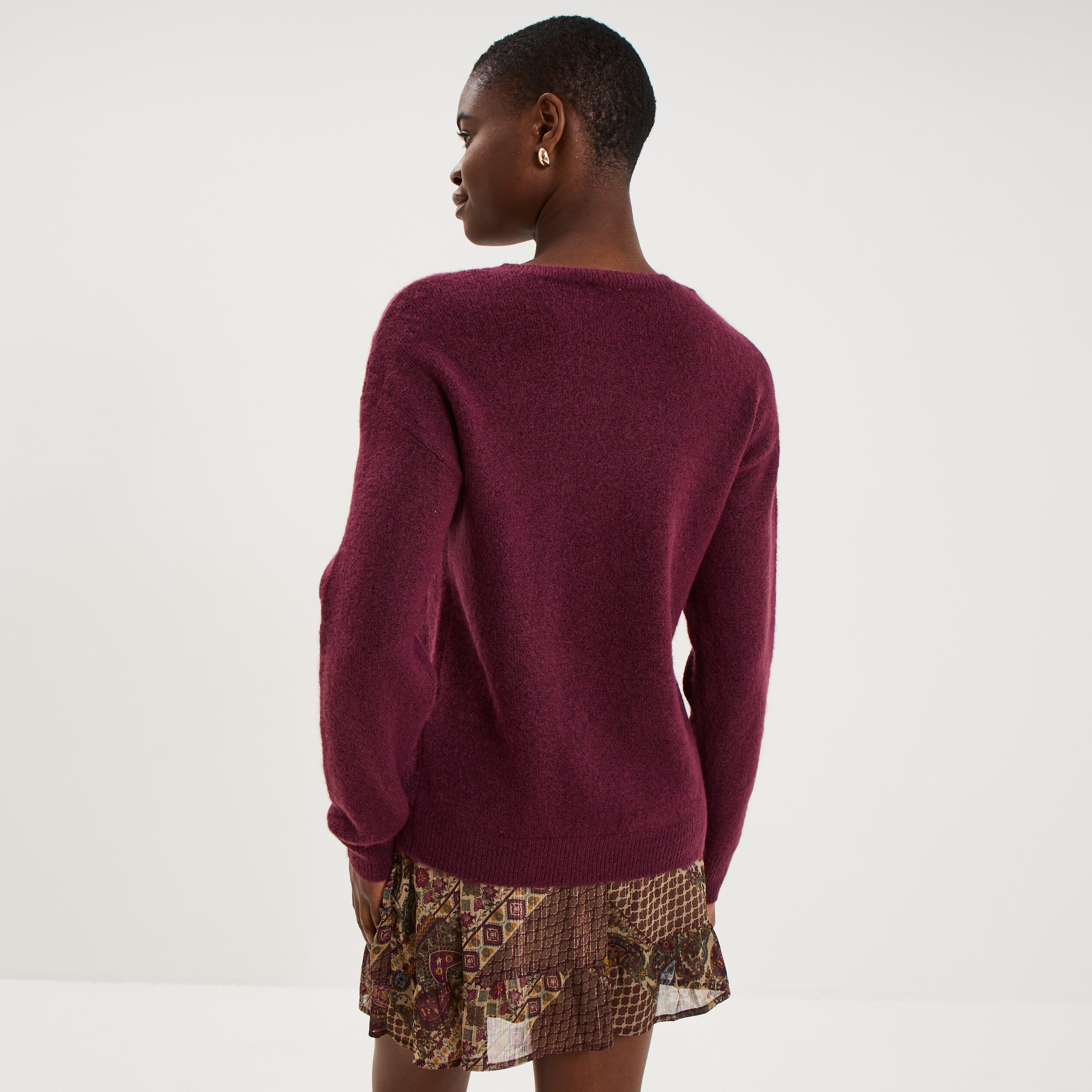 Pull col rond manches longues prune femme