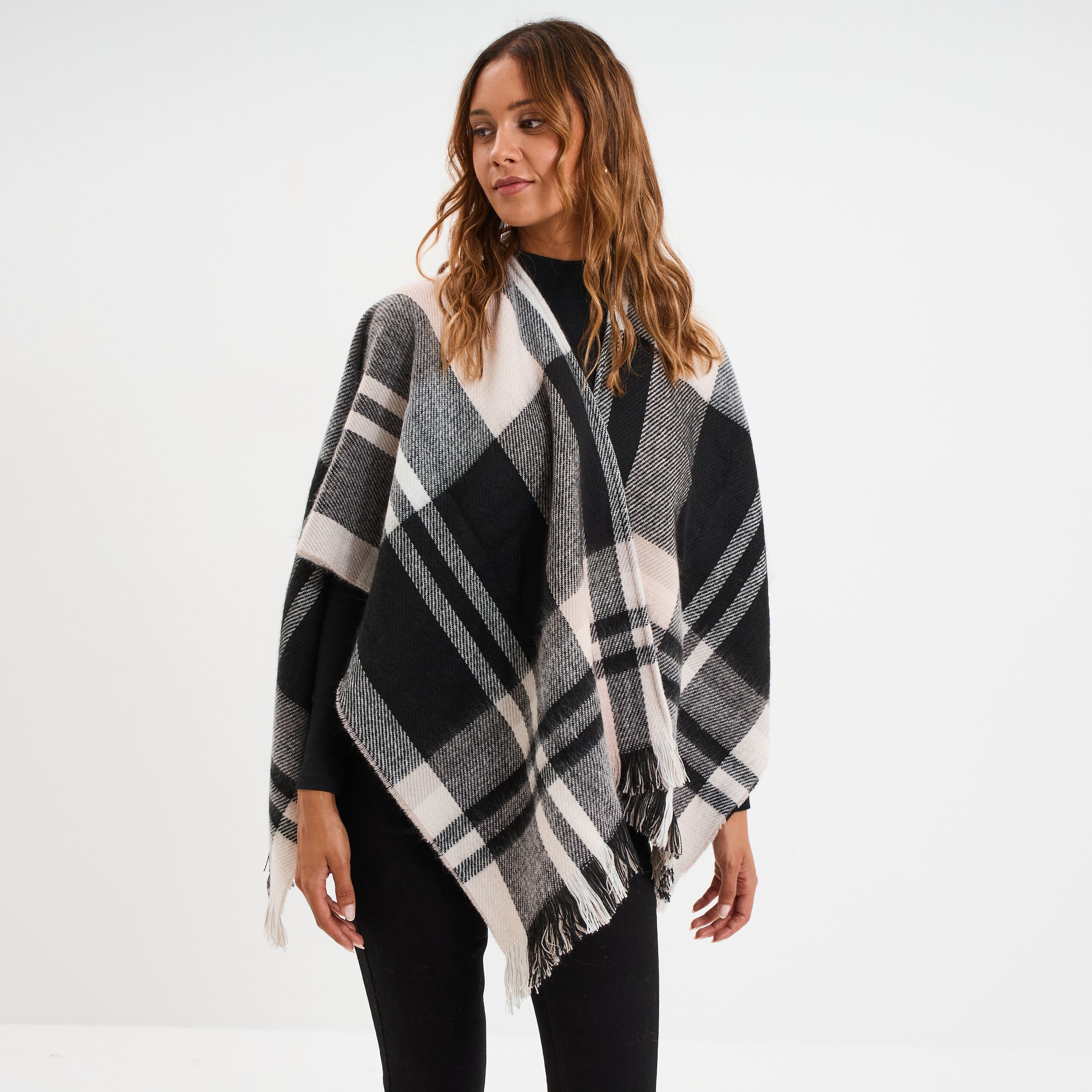 Poncho &agrave; franges mi-long noir femme