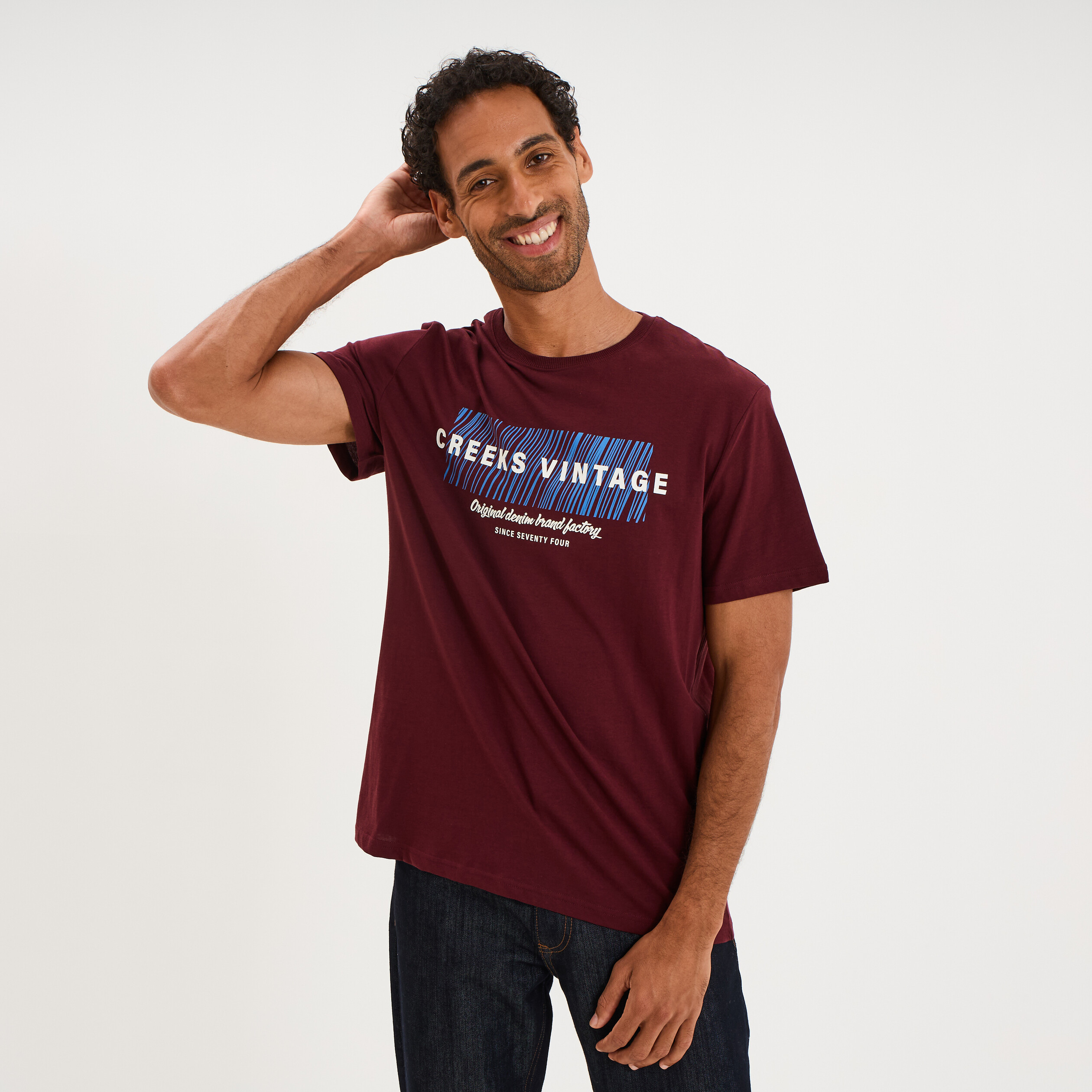 T-shirt manches courtes coton col rond violet fonc&eacute; homme