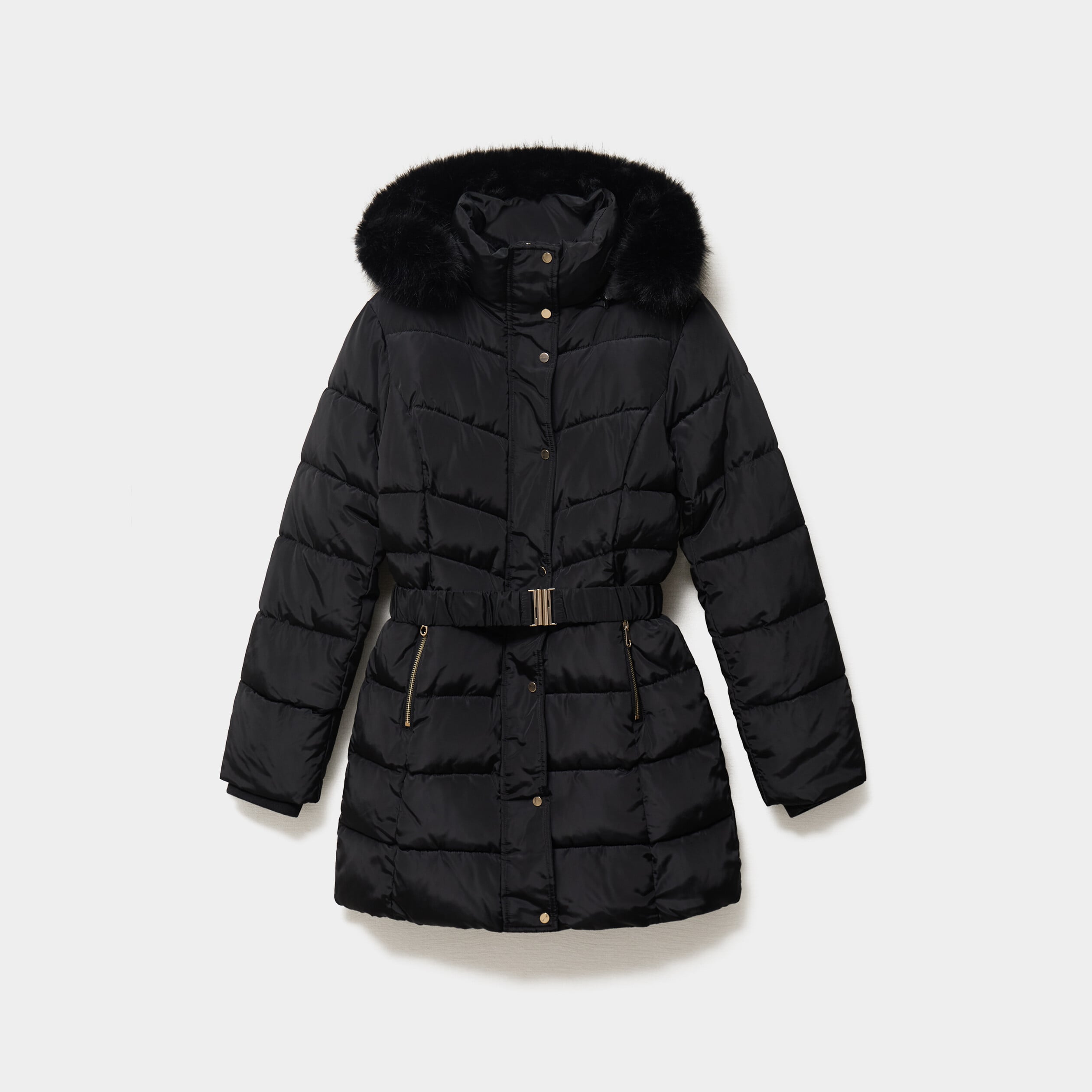 Doudoune mi-longue ceintur&eacute;e &agrave; capuche noir femme