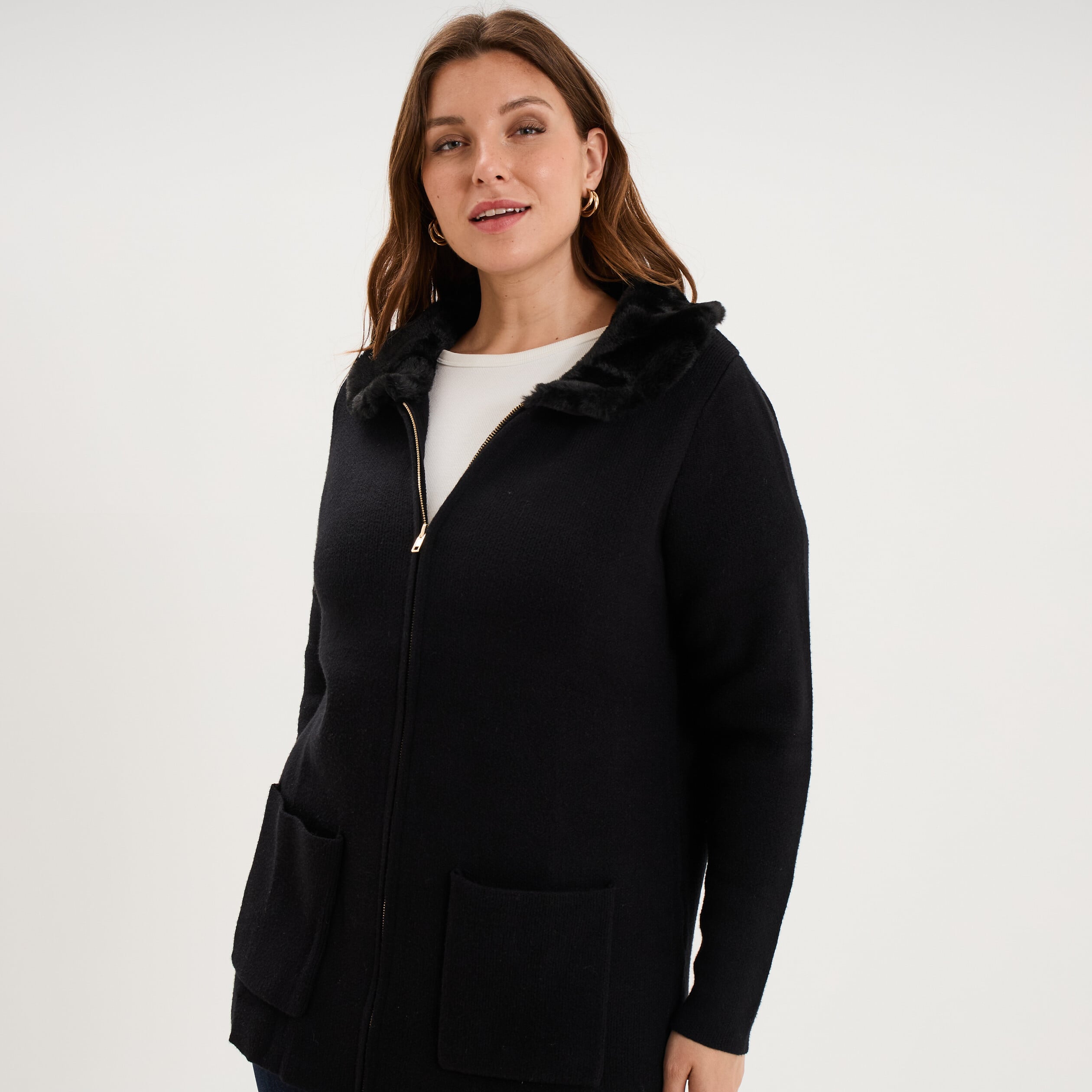 Gilet zipp&eacute; avec col fausse fourrure noir femme grande taille