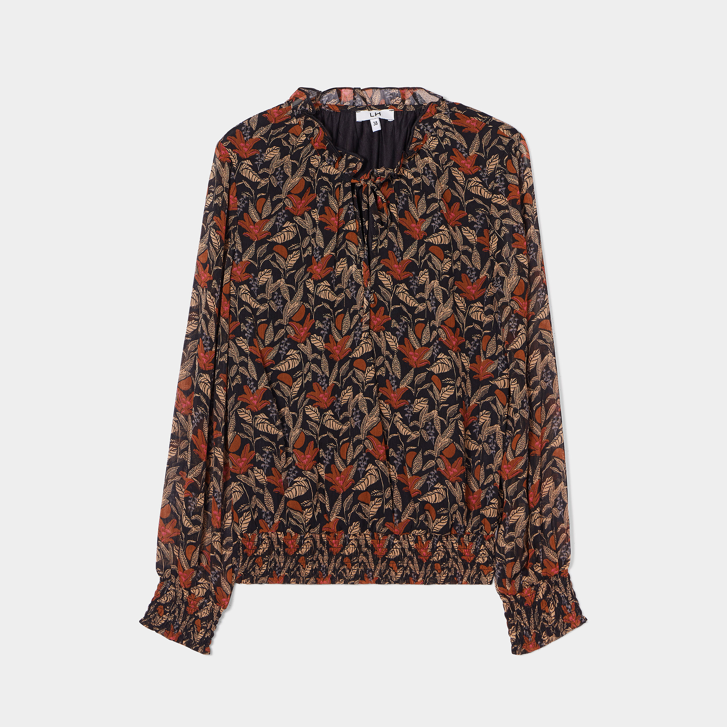 Blouse manches longues col montant camel femme