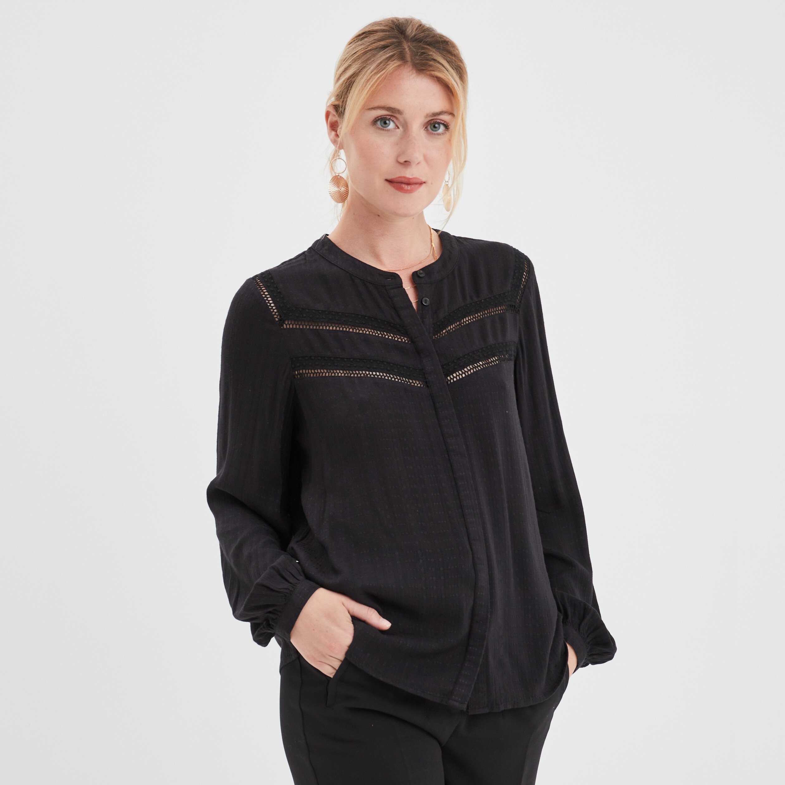 blouse bandes ajourees col mao liberto noir femme Blouse bandes ajourées col mao Liberto noir femme