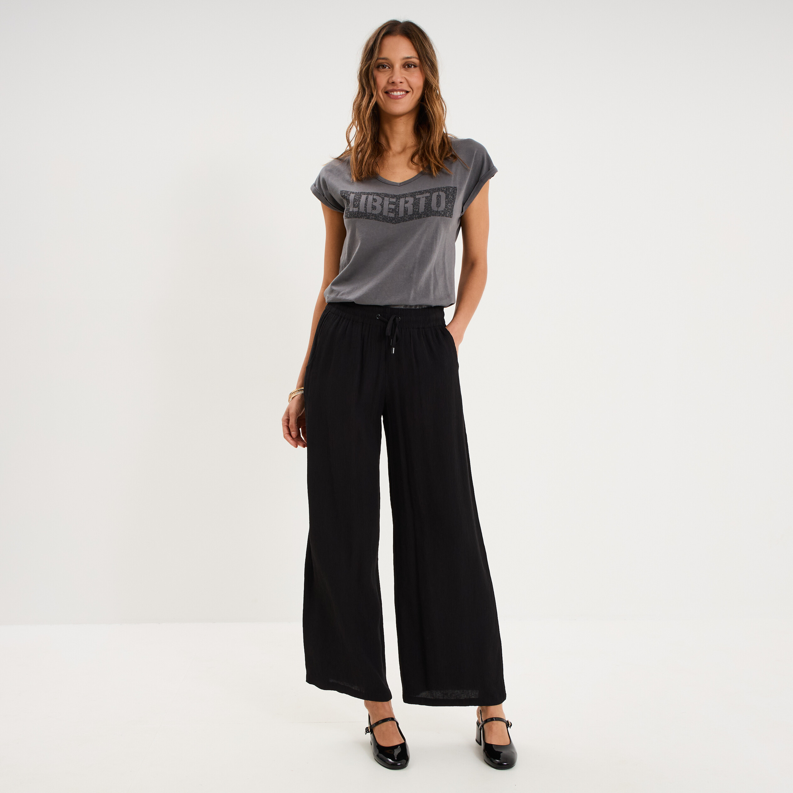 Pantalon effet cr&ecirc;pe taille &eacute;lastiqu&eacute;e noir femme