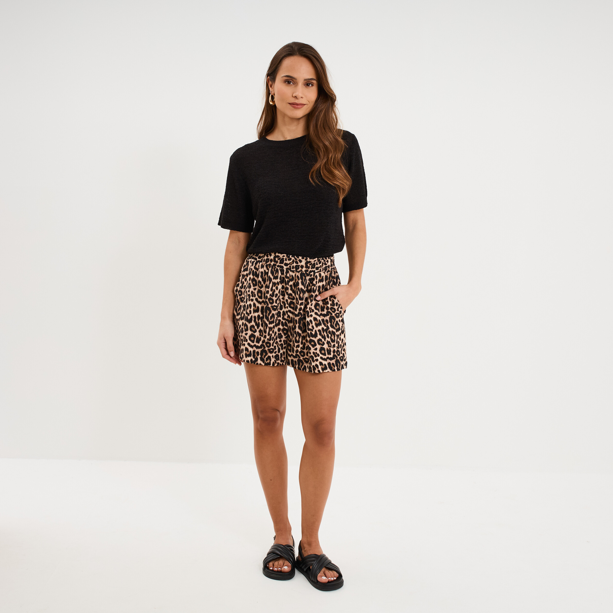 Short fluide taille &eacute;lastiqu&eacute;e beige femme