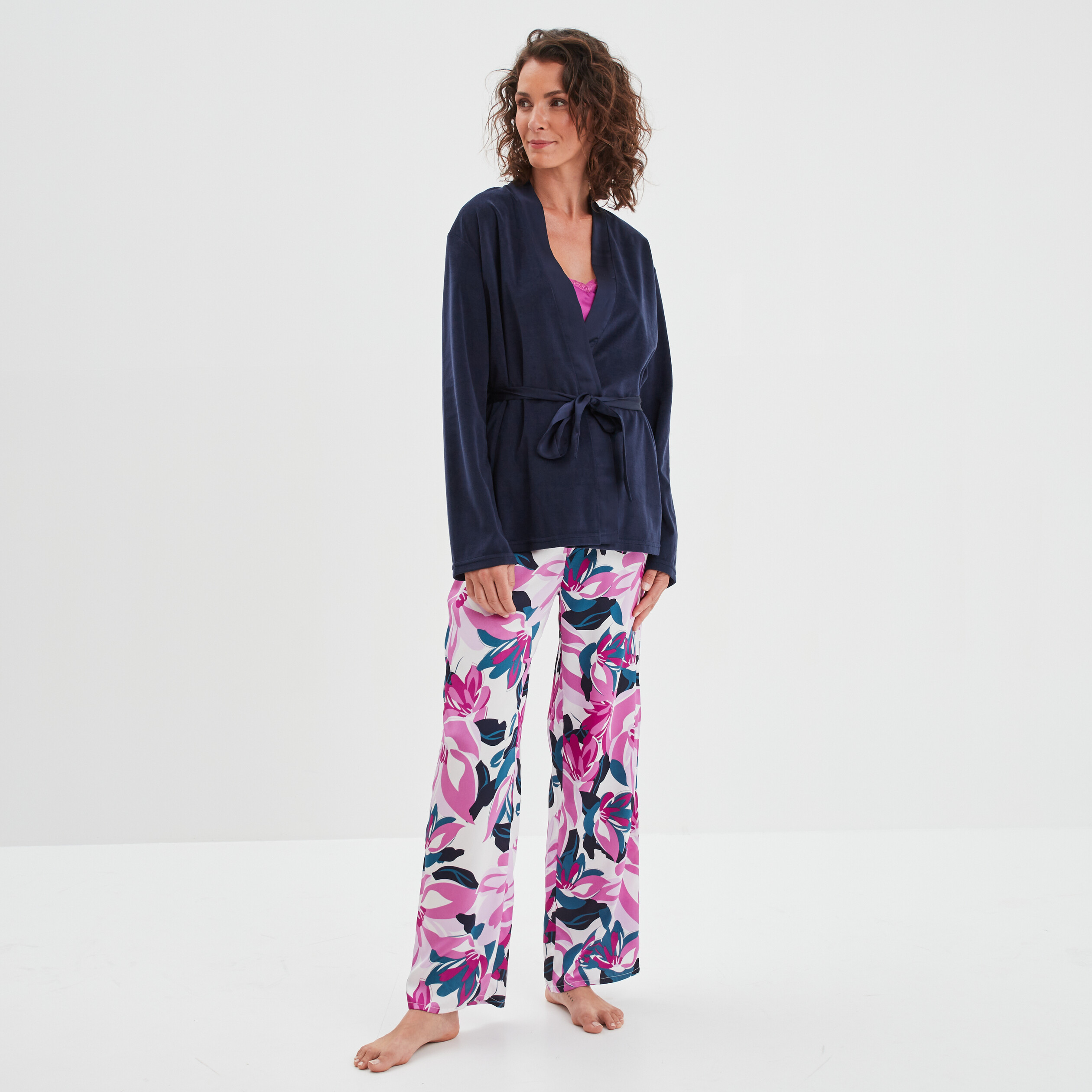 Ensemble pyjama satiné 3 pièces vert turquoise femme