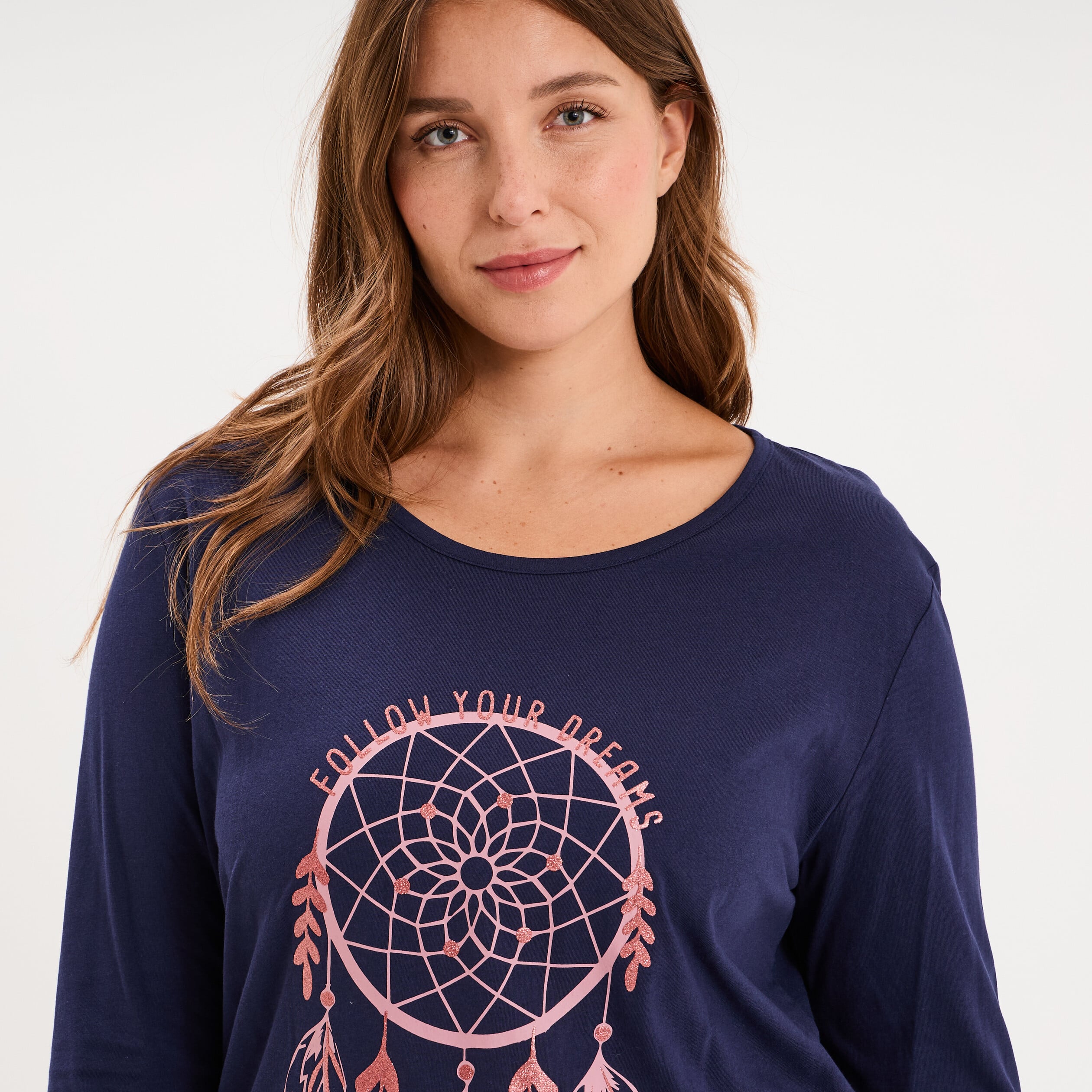 Chemise de nuit courte manches longues bleu marine femme grande taille