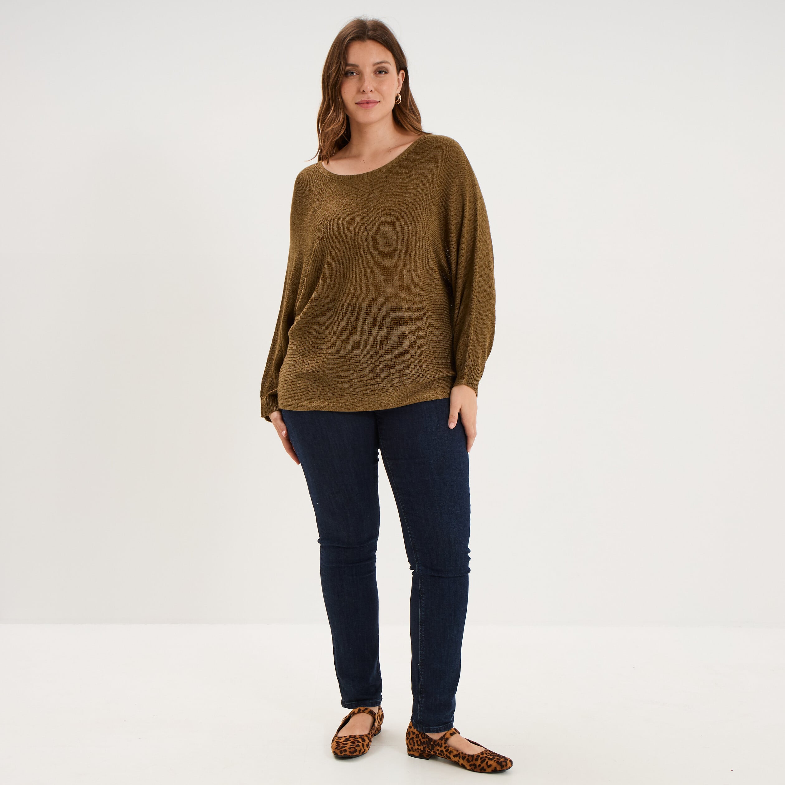Pull manches longues col rond beige femme grande taille