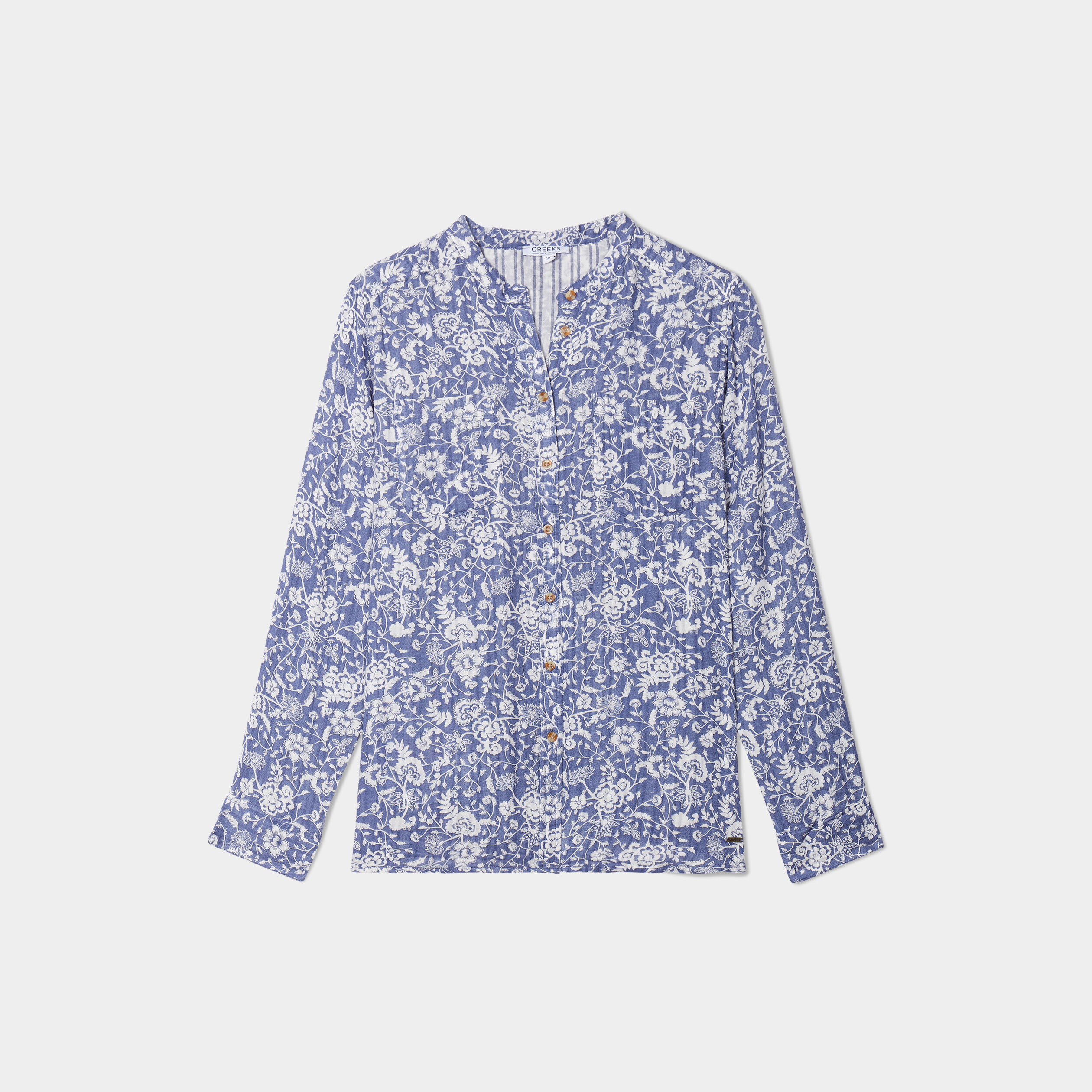 chemise manches longues col mao bleu gris femme Chemise manches longues col mao bleu gris femme