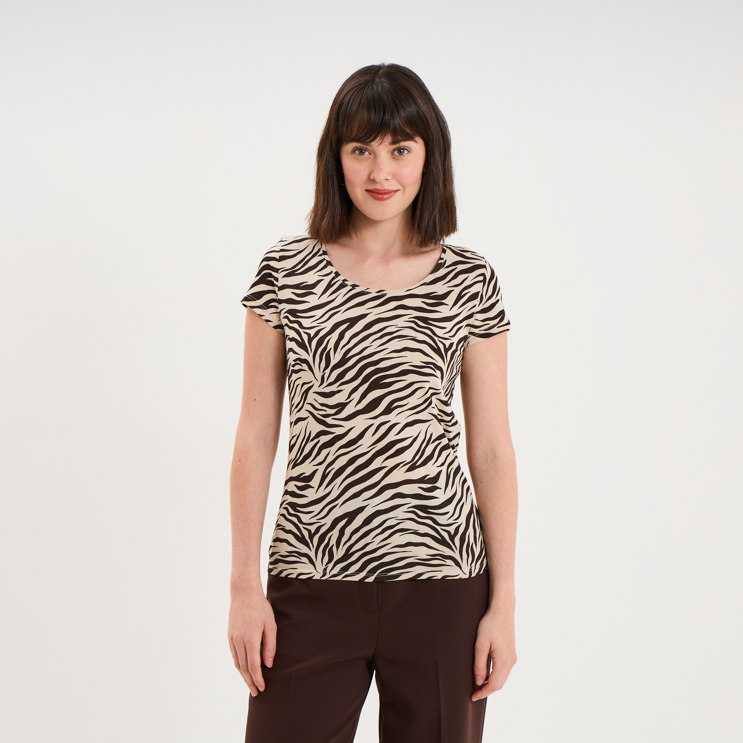 T-shirt coton imprim&eacute; coupe ajust&eacute;e beige clair femme