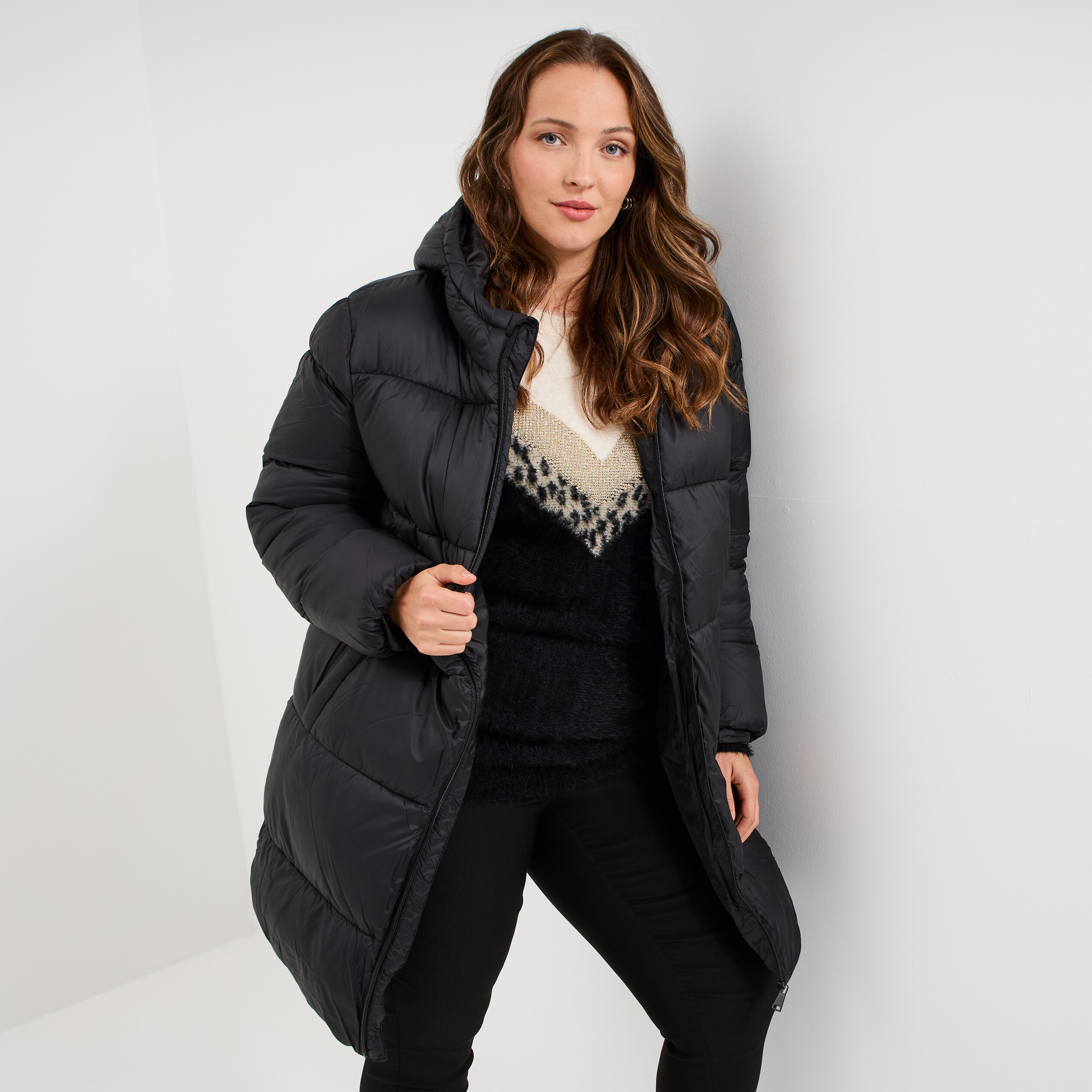 Doudoune longue à capuche noir femme grande taille La Halle