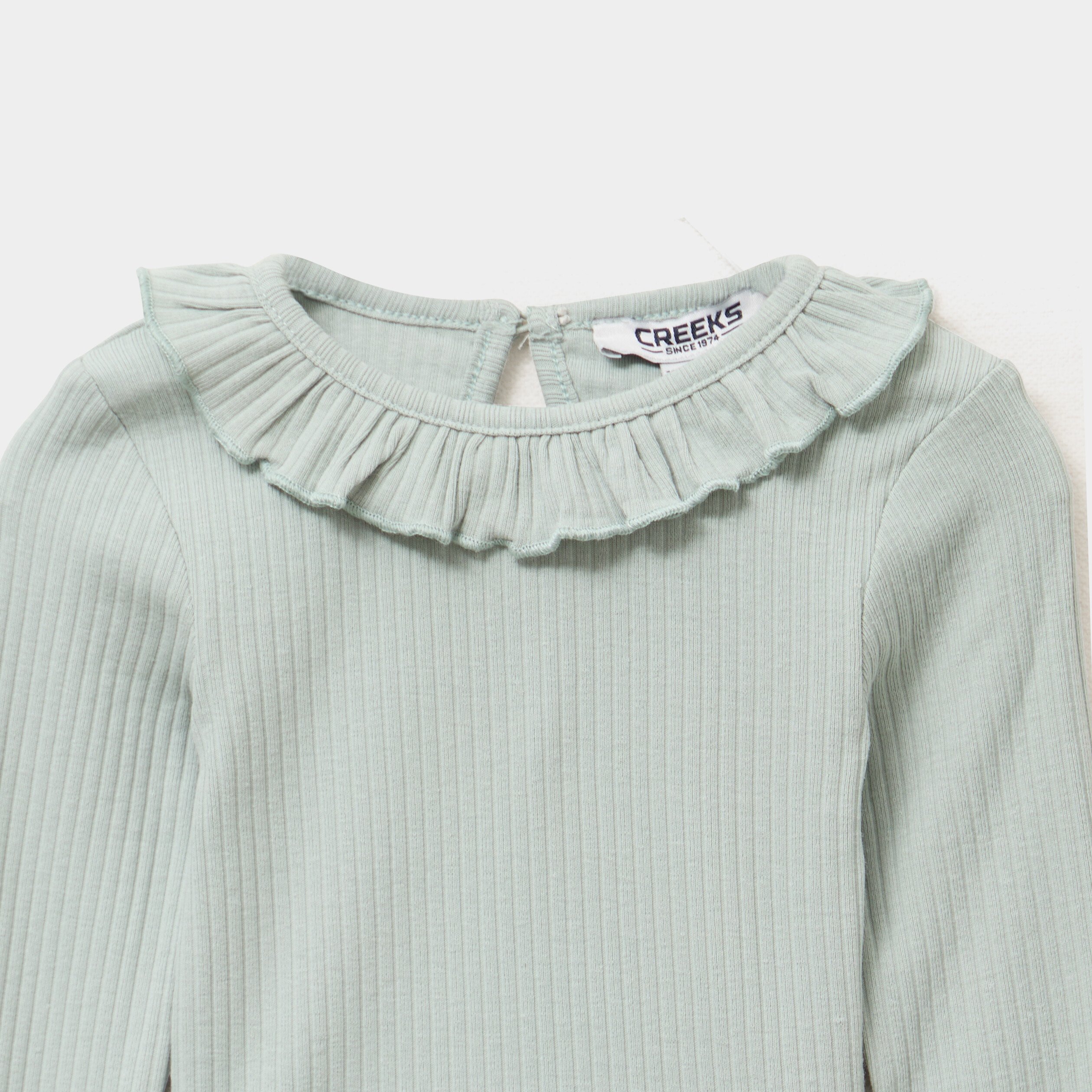 t shirt cotele col a volants vert pastel bebef T-shirt côtelé col à volants vert pastel bébé fille