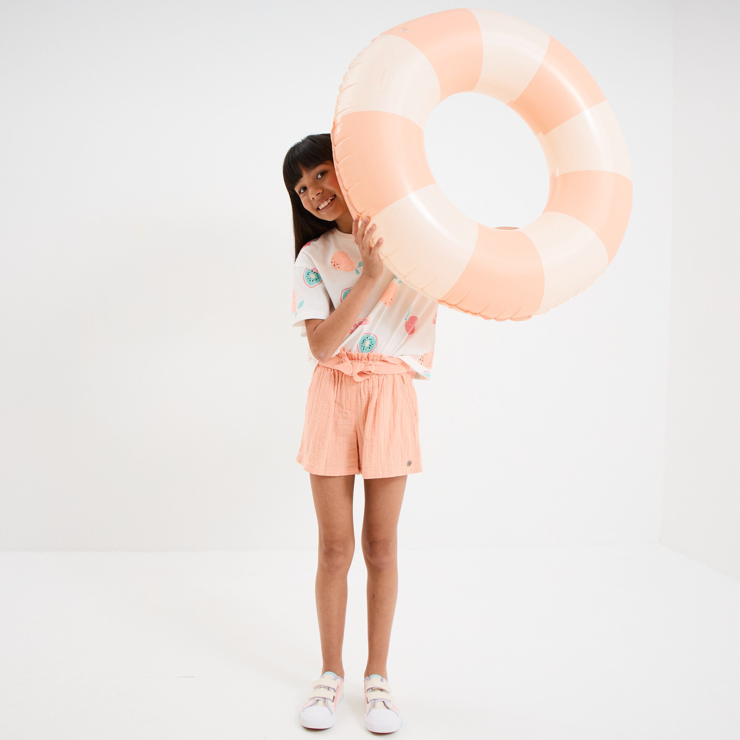 short droit avec noeud en gaze de coton rose saumon fille Short droit avec noeud en gaze de coton rose saumon fille