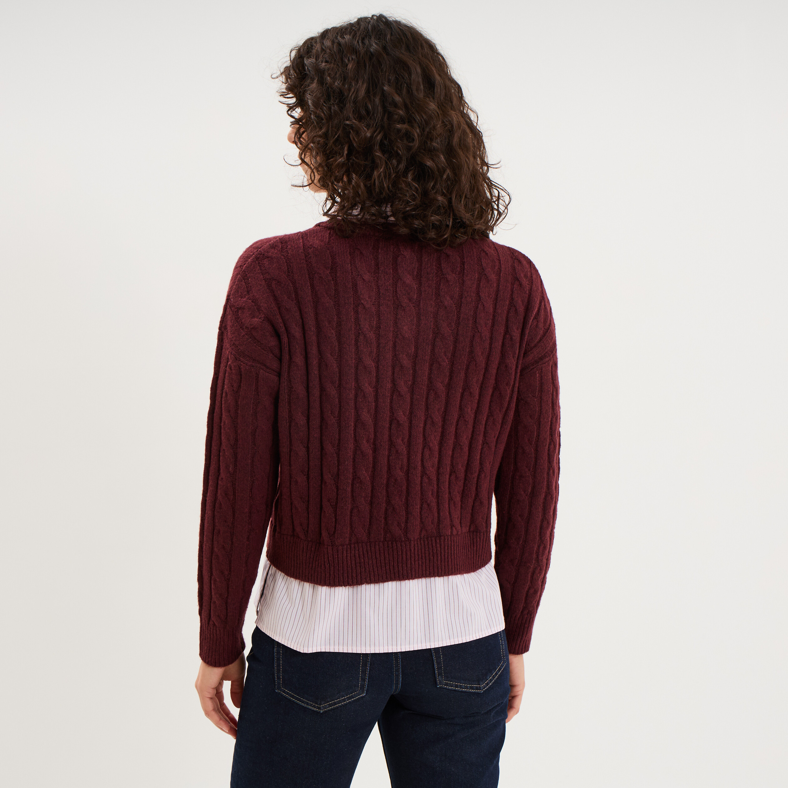 Pull torsades effet 2-en-1 chemise violet fonc&eacute; femme