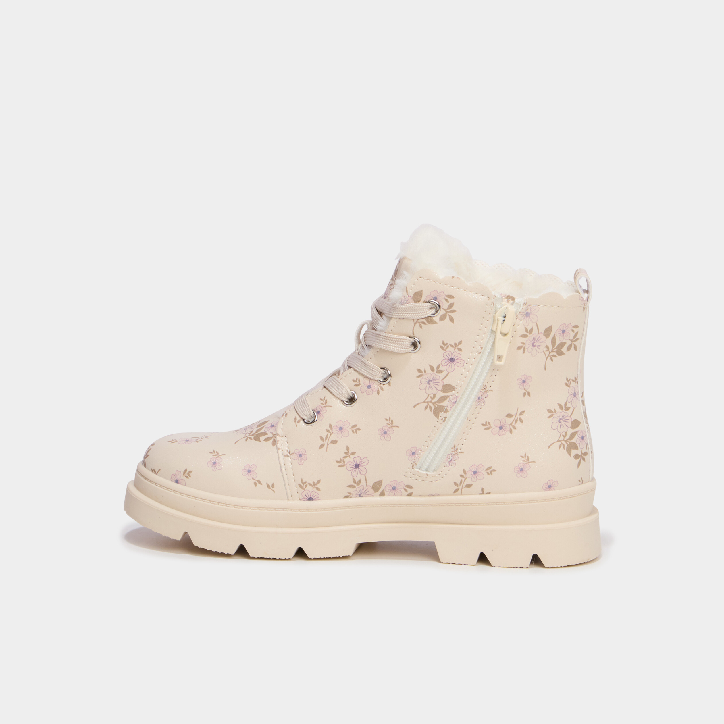 Boots fourr&eacute;es et crant&eacute;es &agrave; lacets creme fille