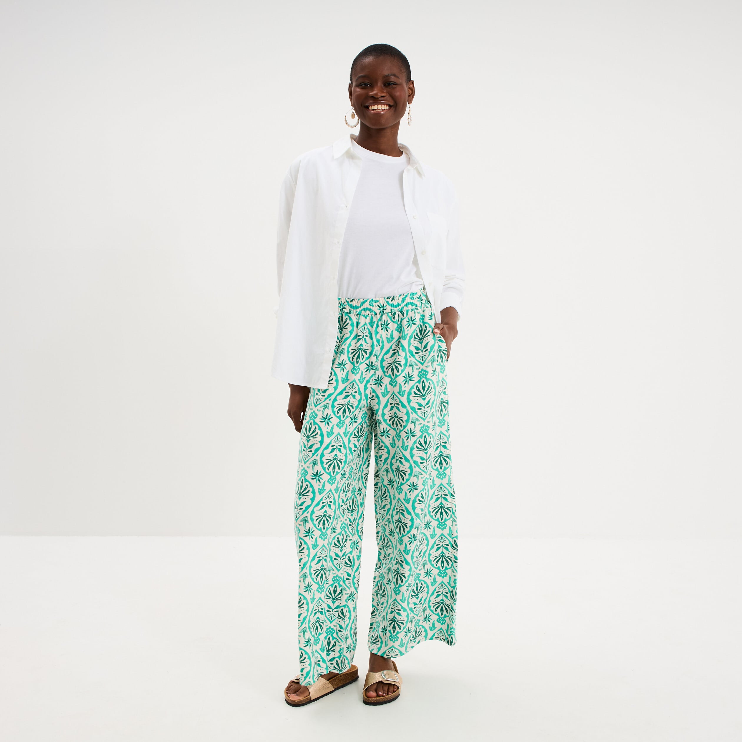 Pantalon large fluide taille &eacute;lastiqu&eacute;e ecru femme
