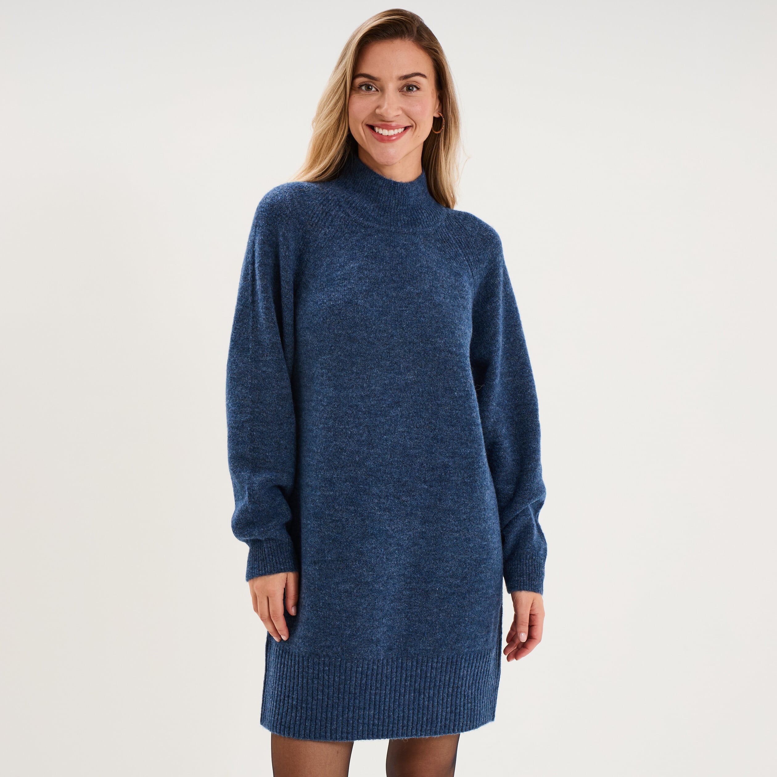 Robe pull col montant manches longues bleu femme