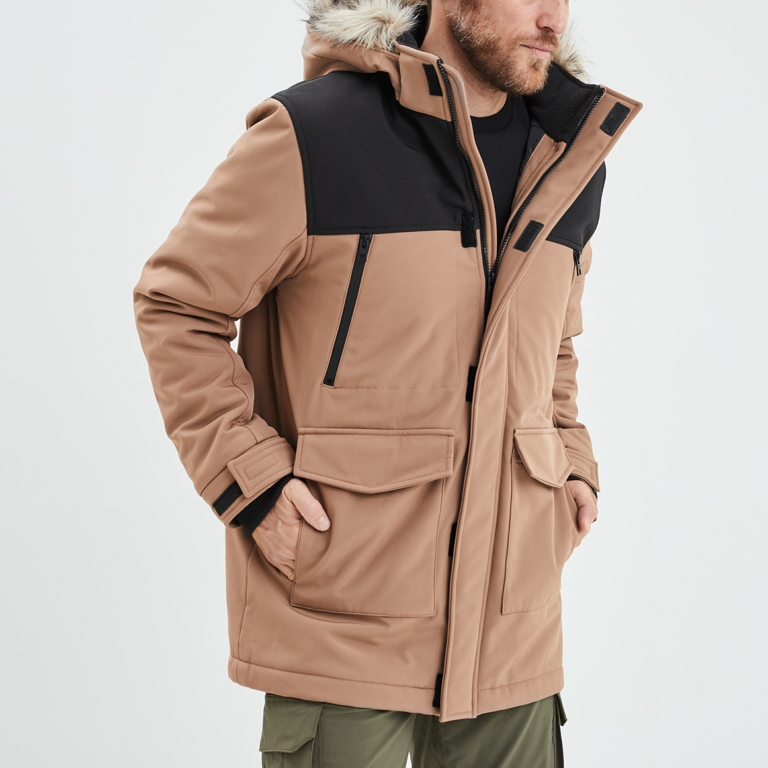 Parka avec capuche fausse fourrure taupe homme