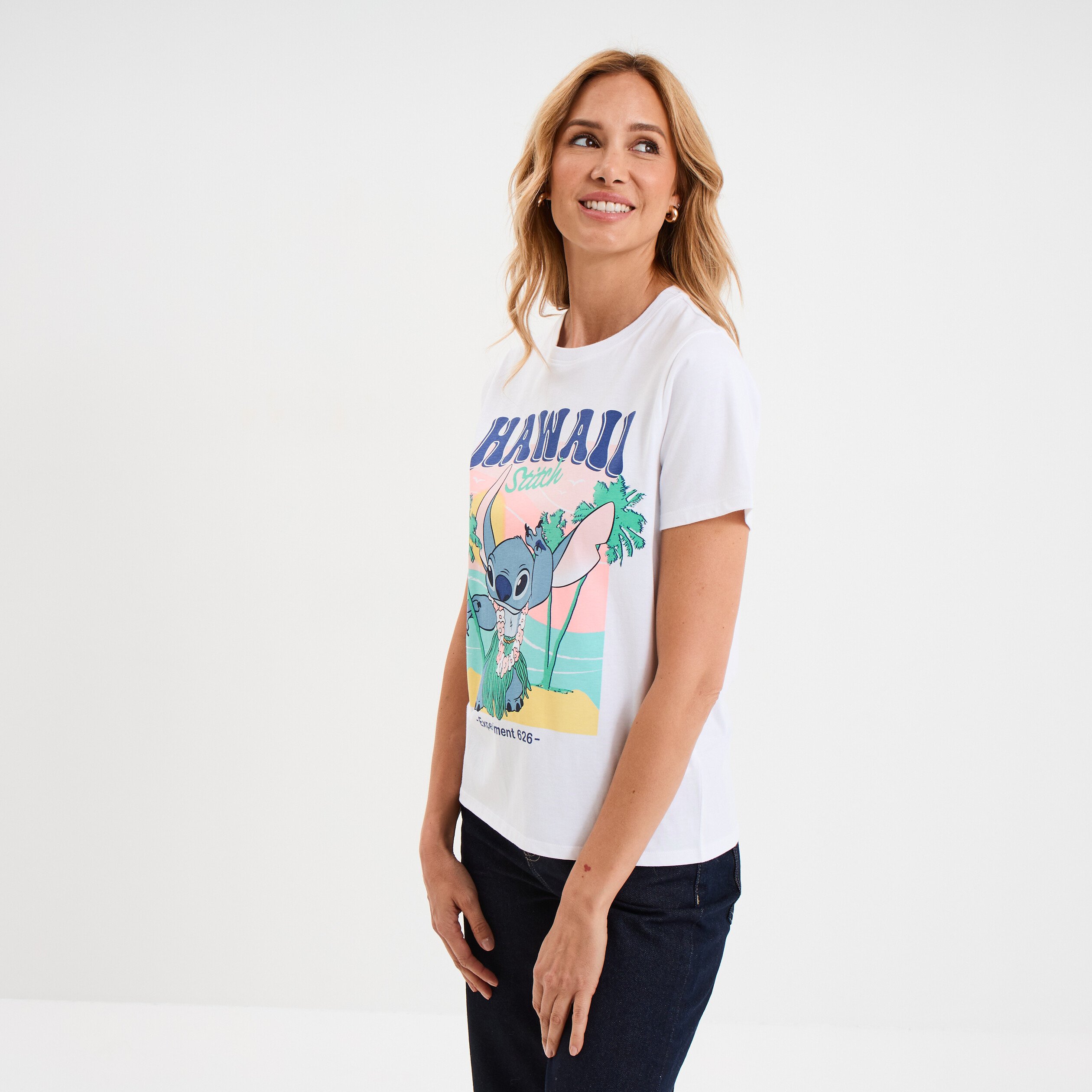 t shirt manches courtes coton stitch blanc femme T-shirt manches courtes coton Stitch blanc femme