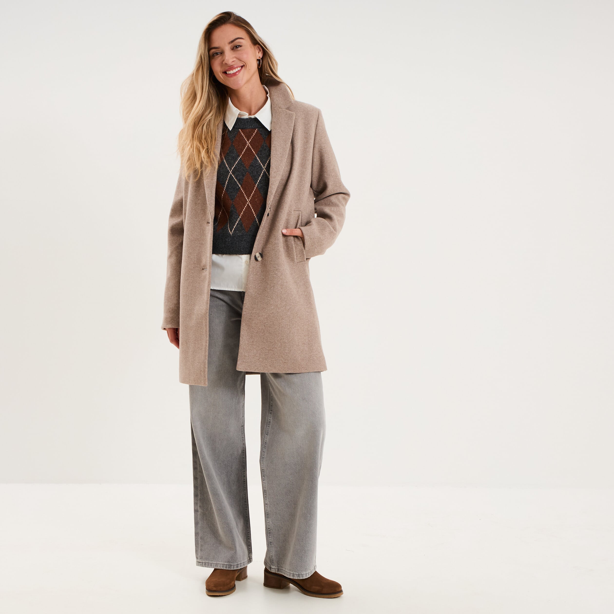 Manteau droit long boutonn&eacute; beige femme