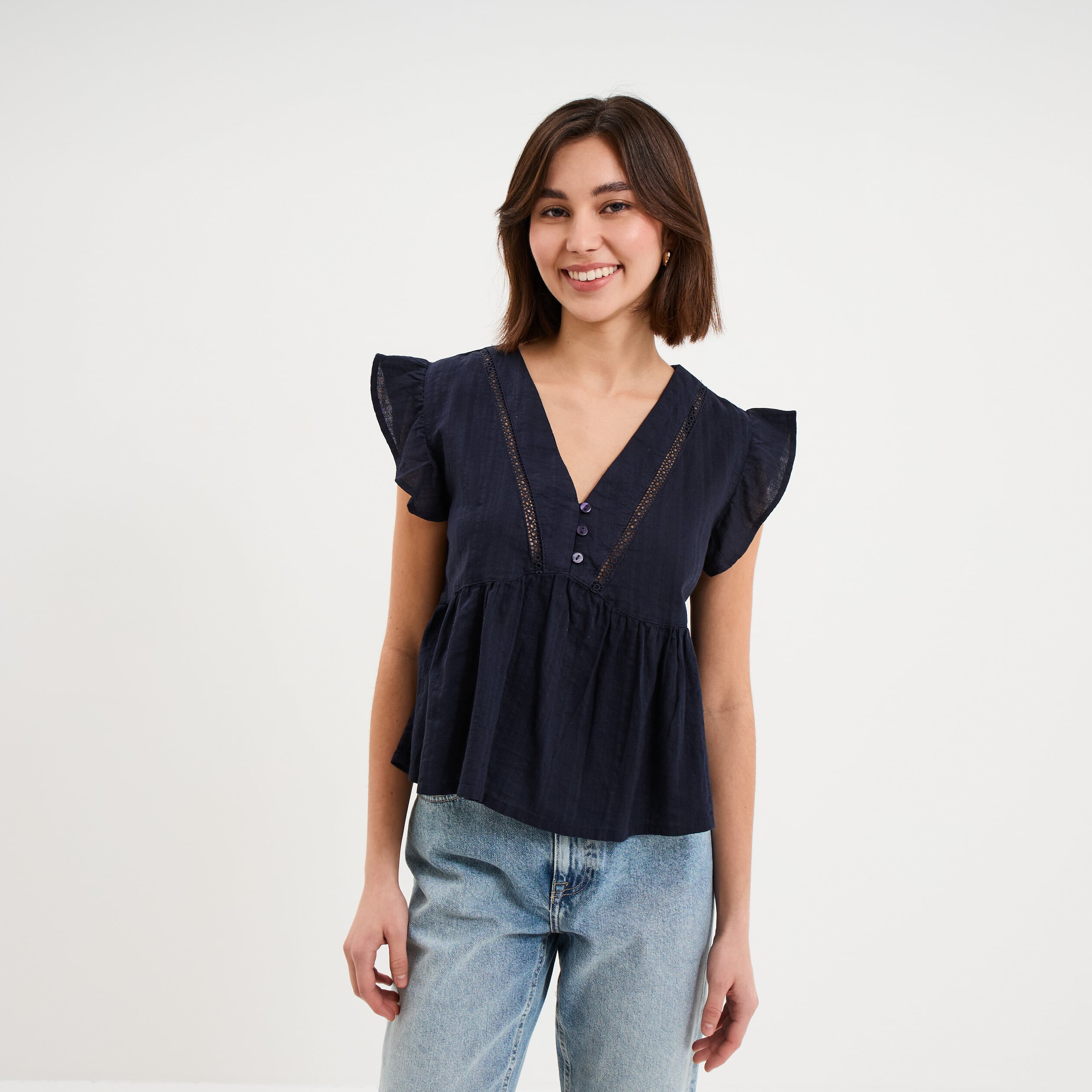 Blouse manches volants col en V coton bleu fonc&eacute; femme