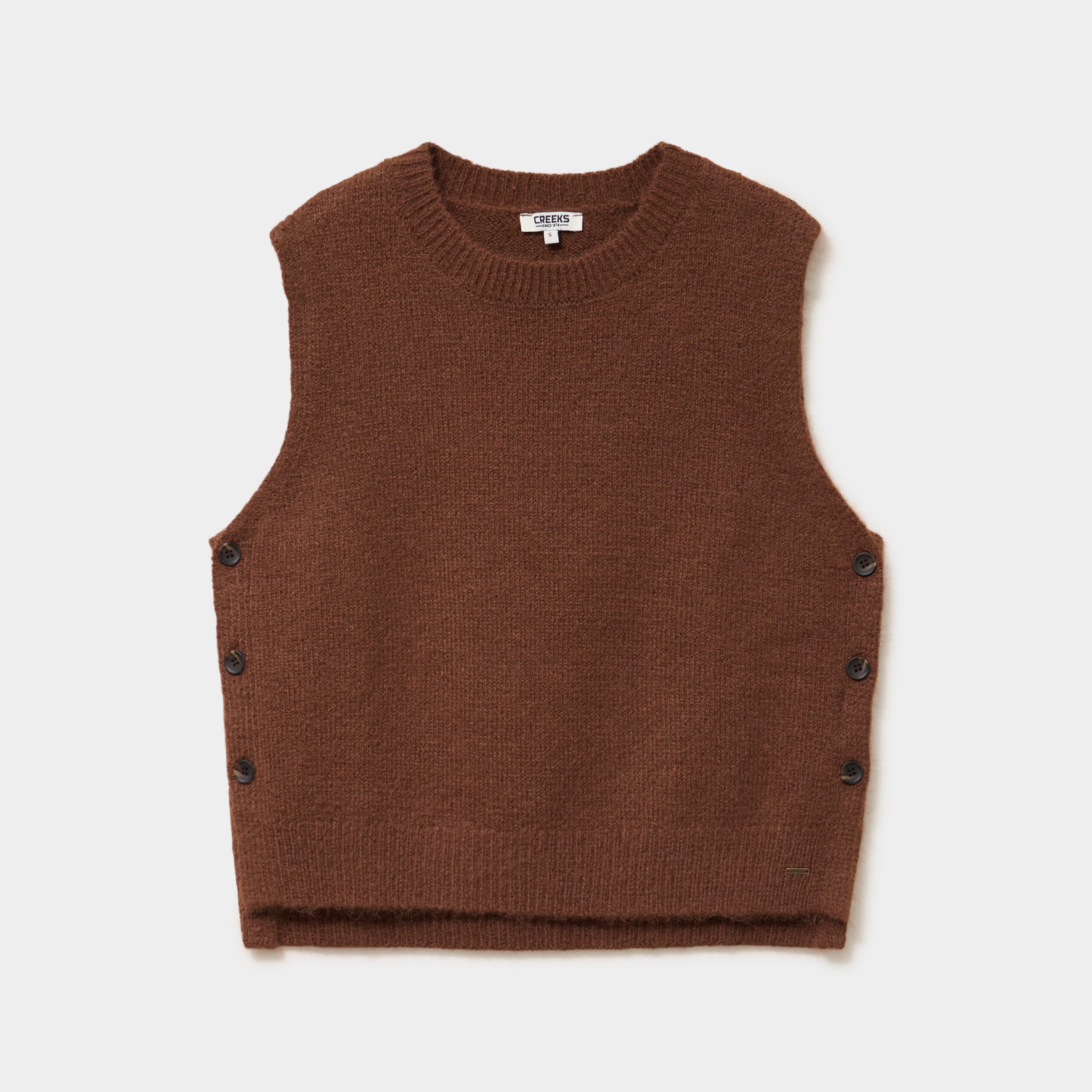 Pull col rond sans manches &agrave; boutons marron fonc&eacute; femme