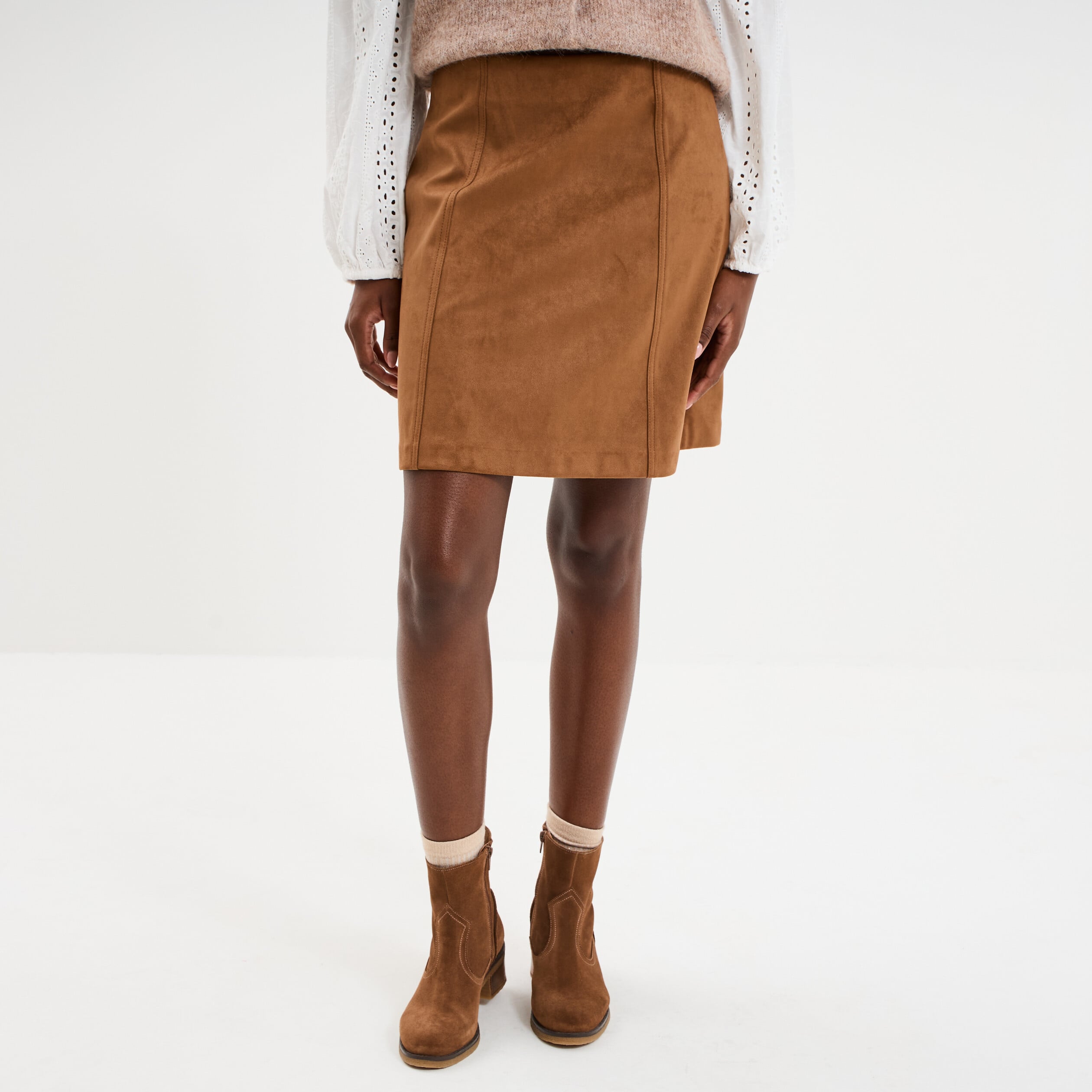 Jupe trap&egrave;ze effet su&eacute;dine marron femme