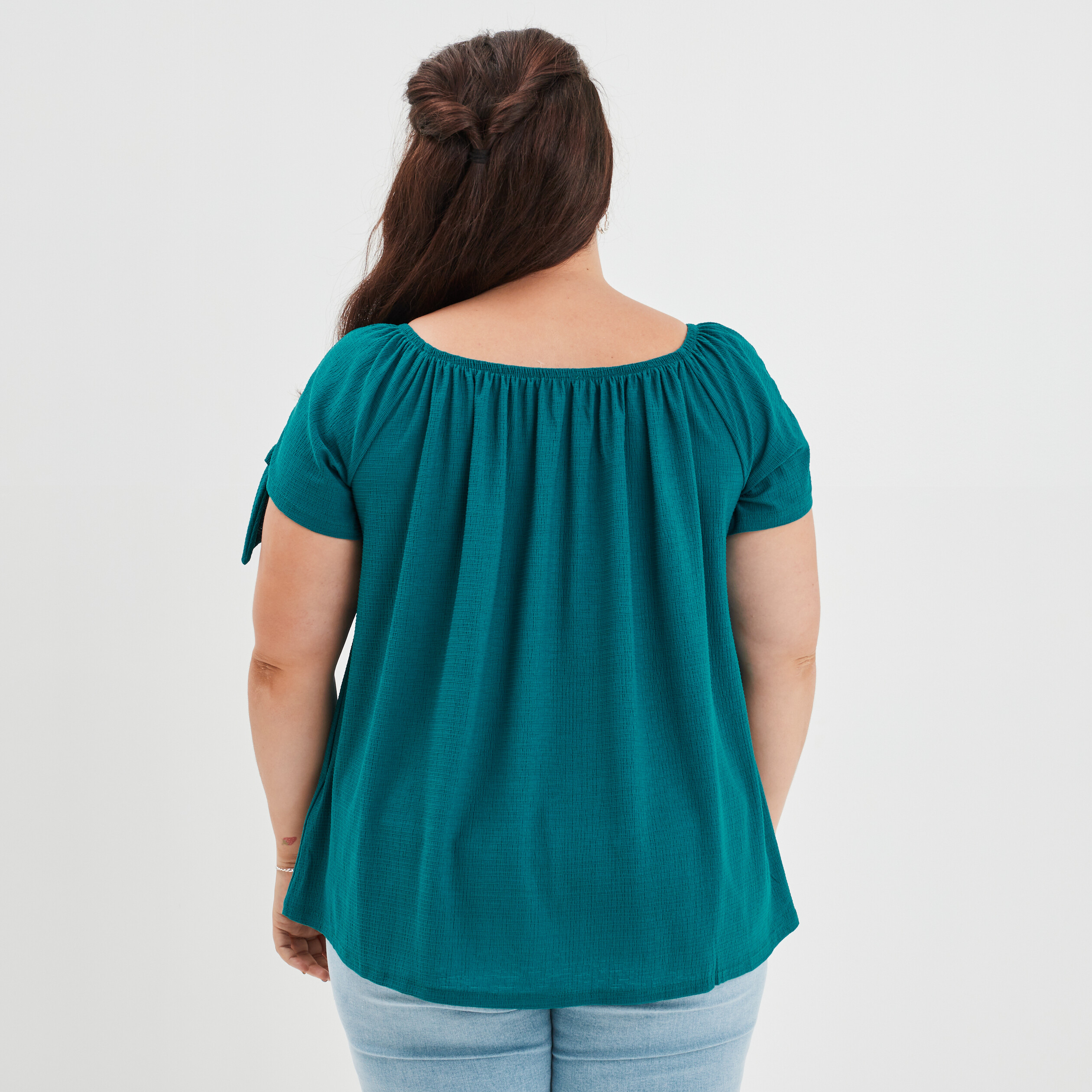 T-shirt col bardot manches noeuds bleu canard femme grande taille