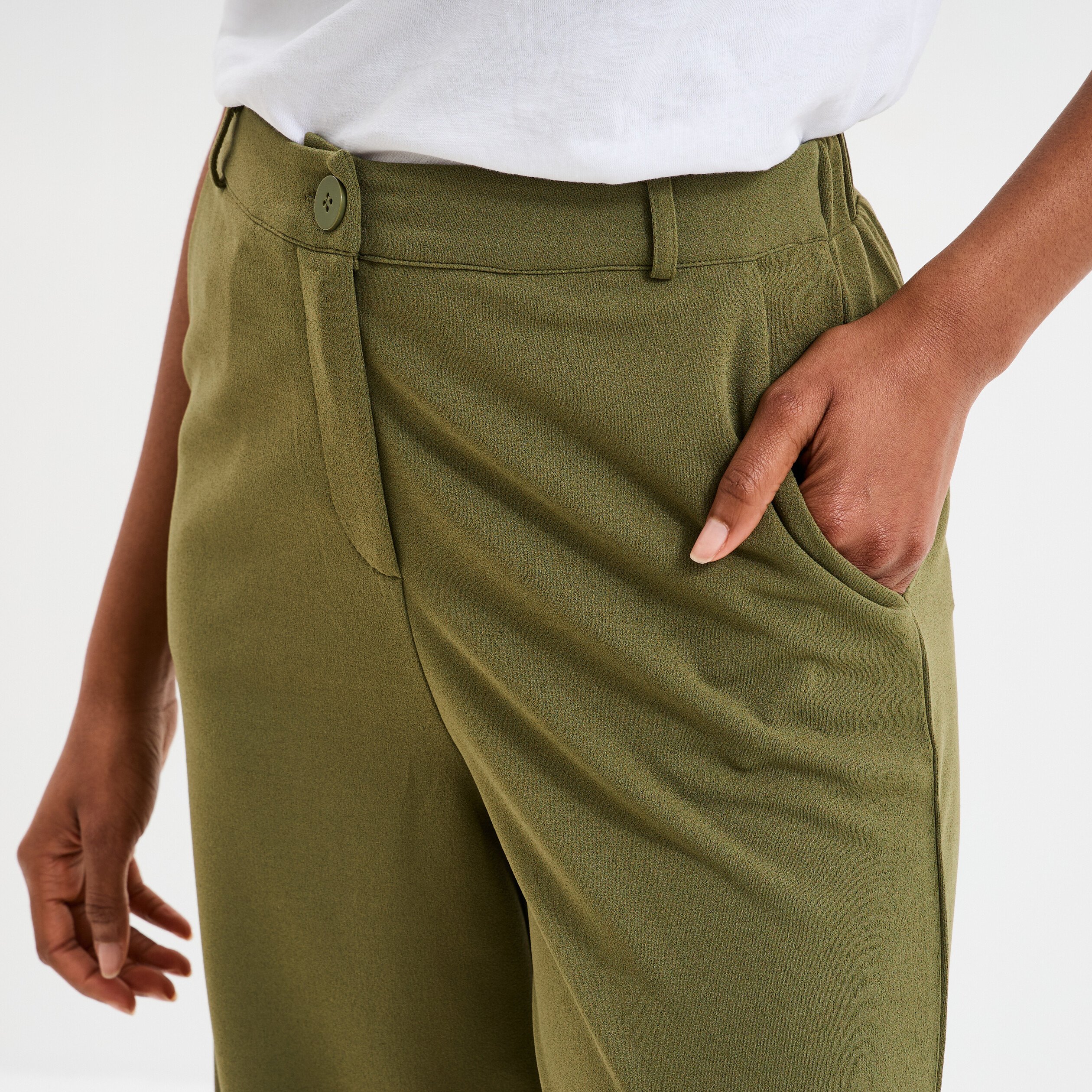 pantalon large fluide taille elastiquee vert kaki femme Pantalon large fluide taille élastiquée vert kaki femme