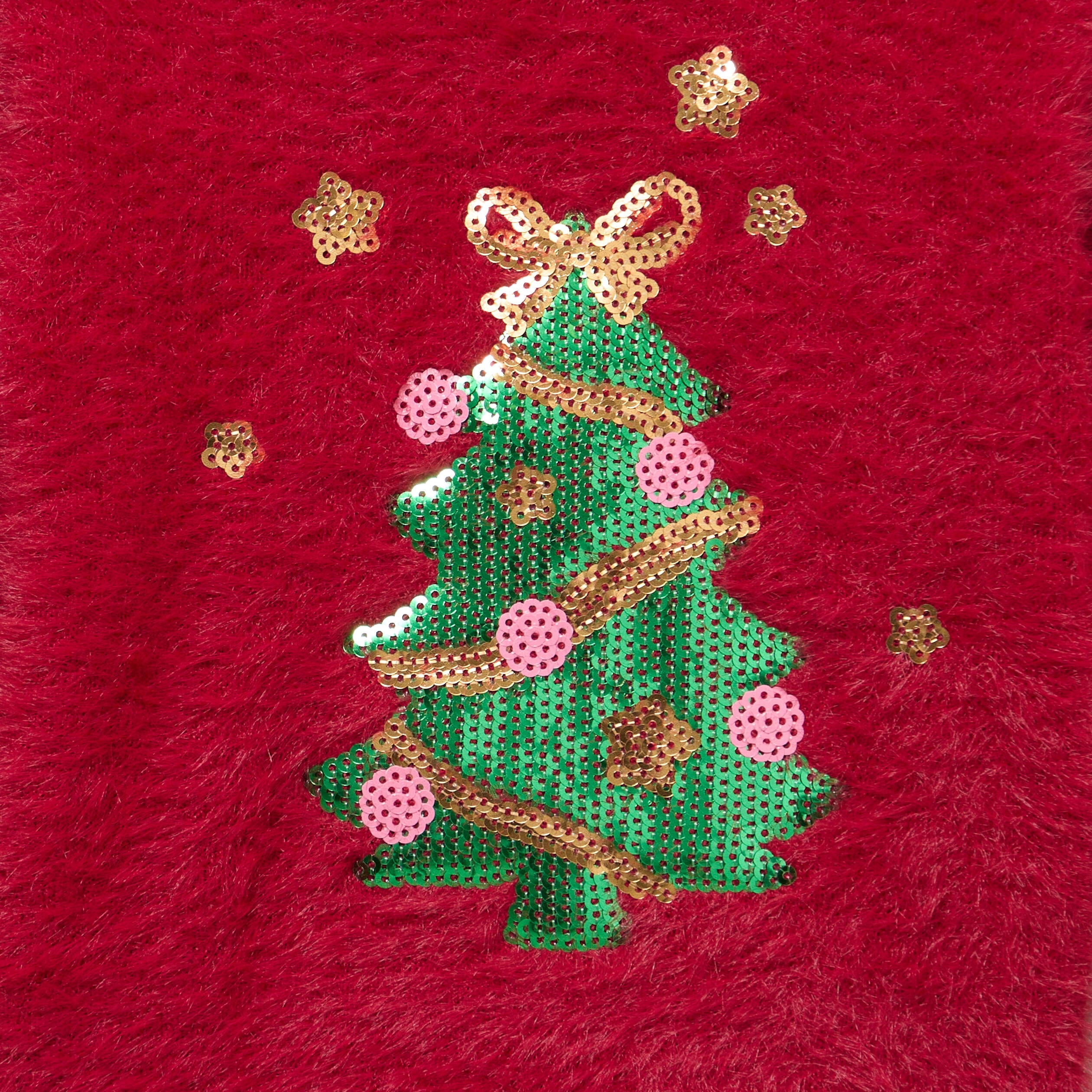 Pull de No&euml;l effet duveteux &agrave; sequins rouge fonc&eacute; b&eacute;b&eacute; fille