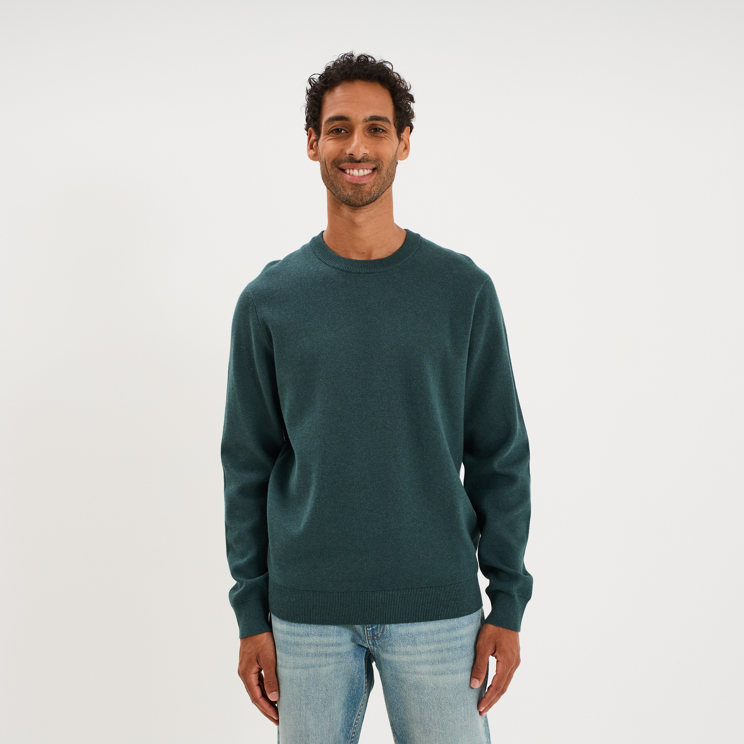 Pull col rond manches longues vert canard homme