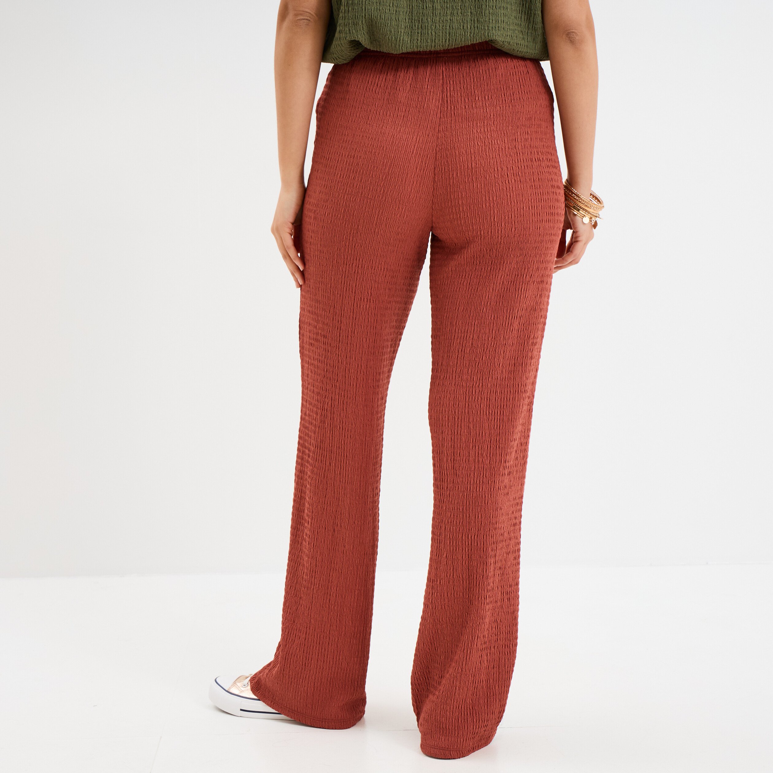 pantalon effet gaufre taille elastiquee vieux rose femme Pantalon effet gaufré taille élastiquée vieux rose femme