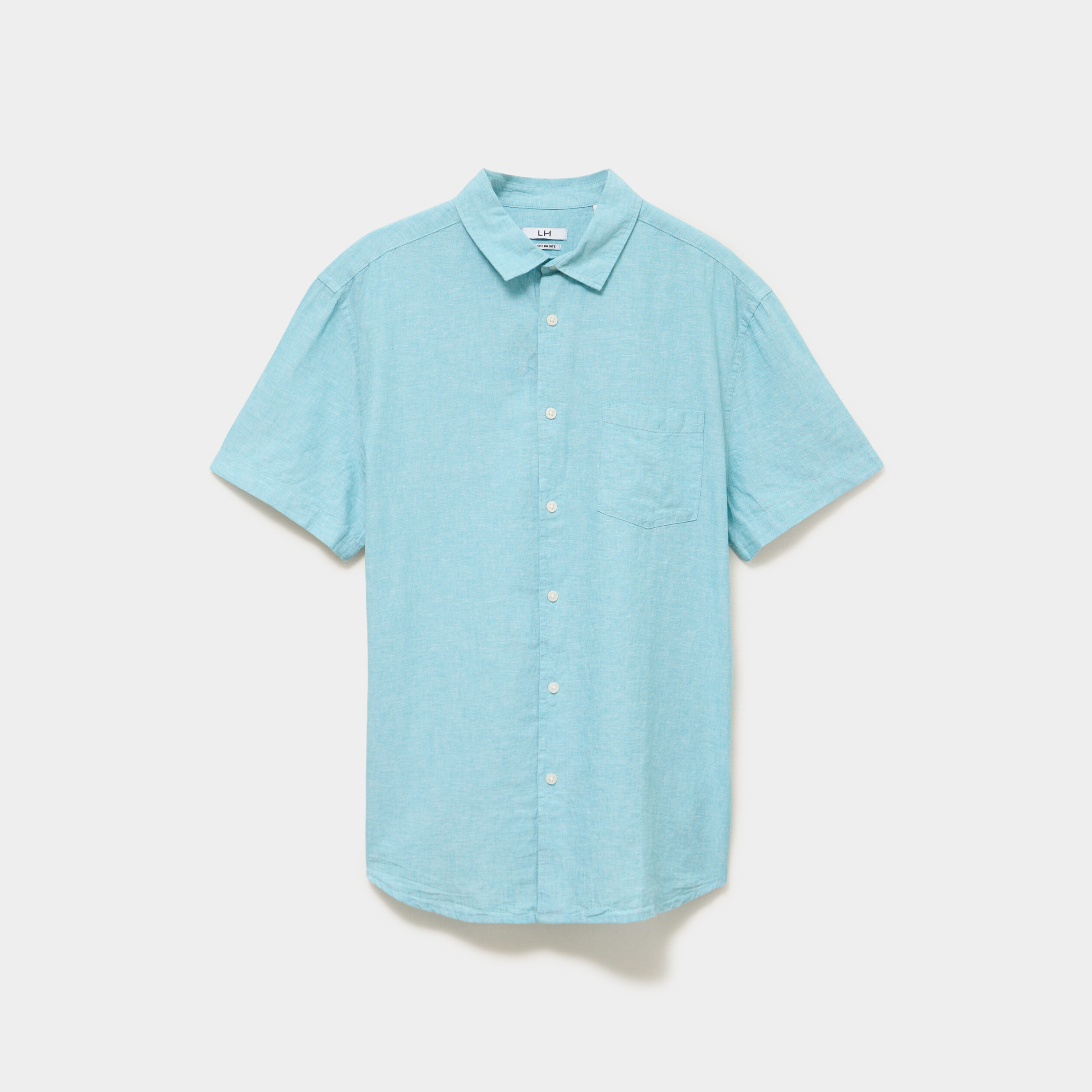 Chemise manches courtes lin m&eacute;lang&eacute; bleu turquoise homme