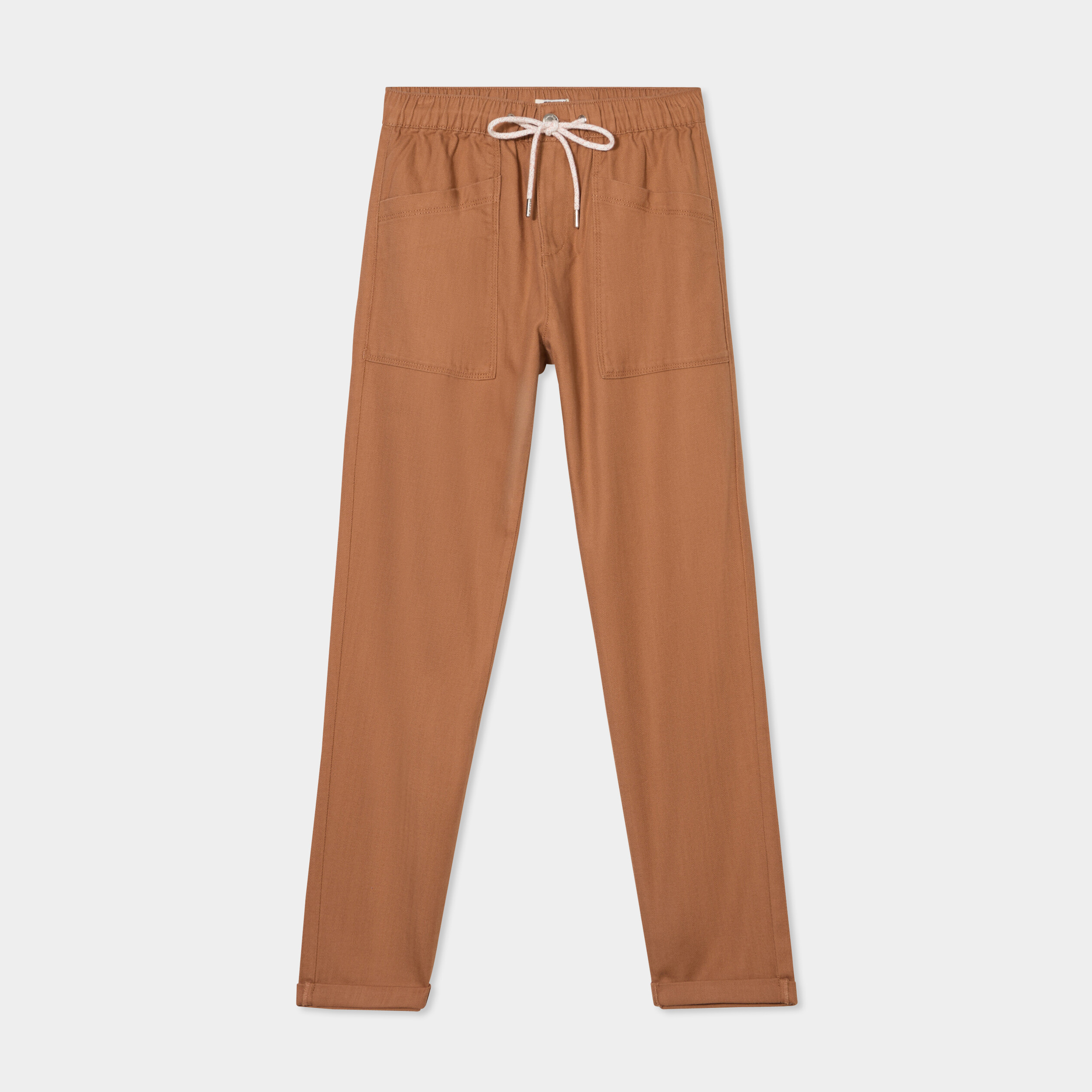pantalon droit taille elastiquee marron clair femme Pantalon droit taille élastiquée marron clair femme