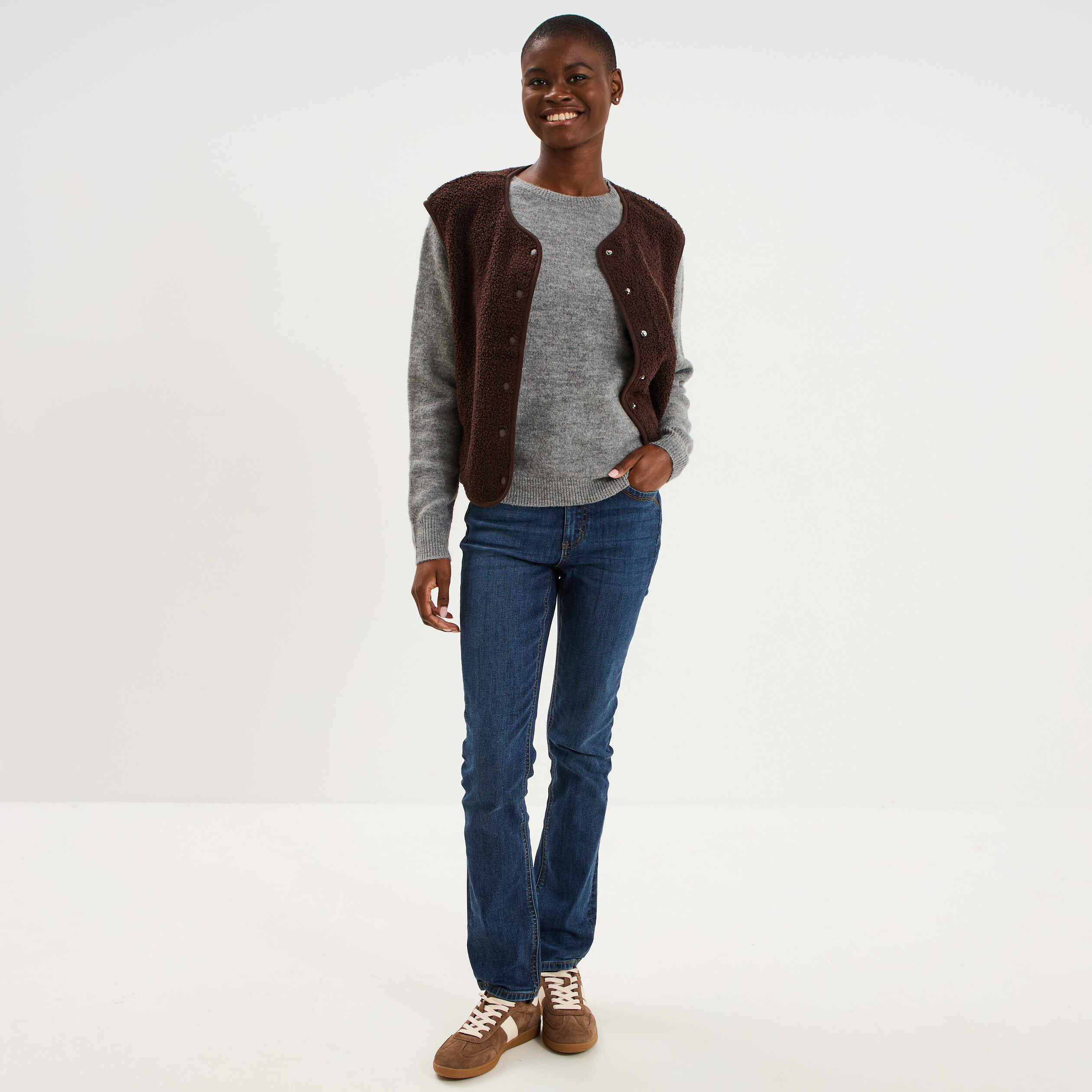 Pull col rond manches longues gris clair femme