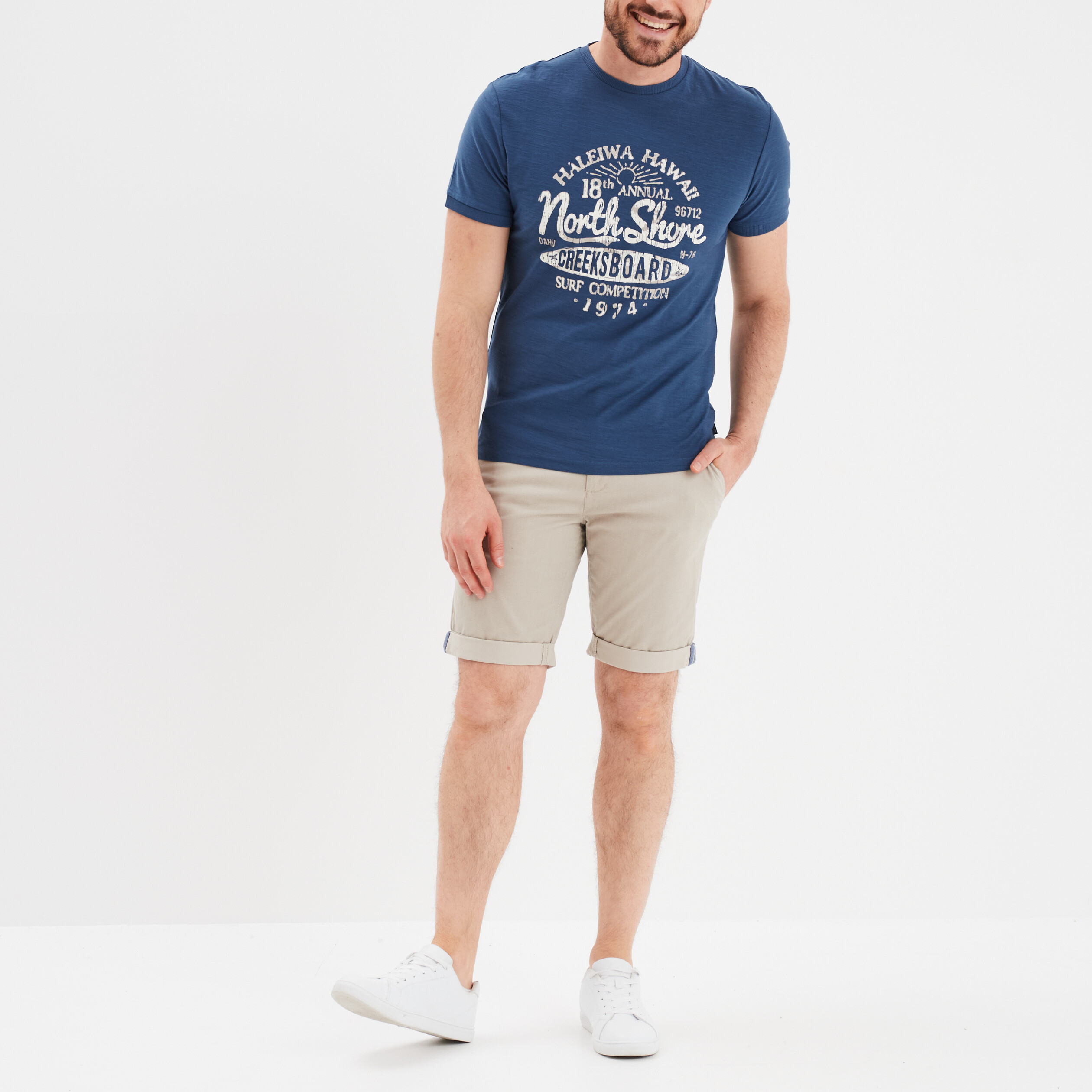 Bermuda short chino droit coton stretch creme homme