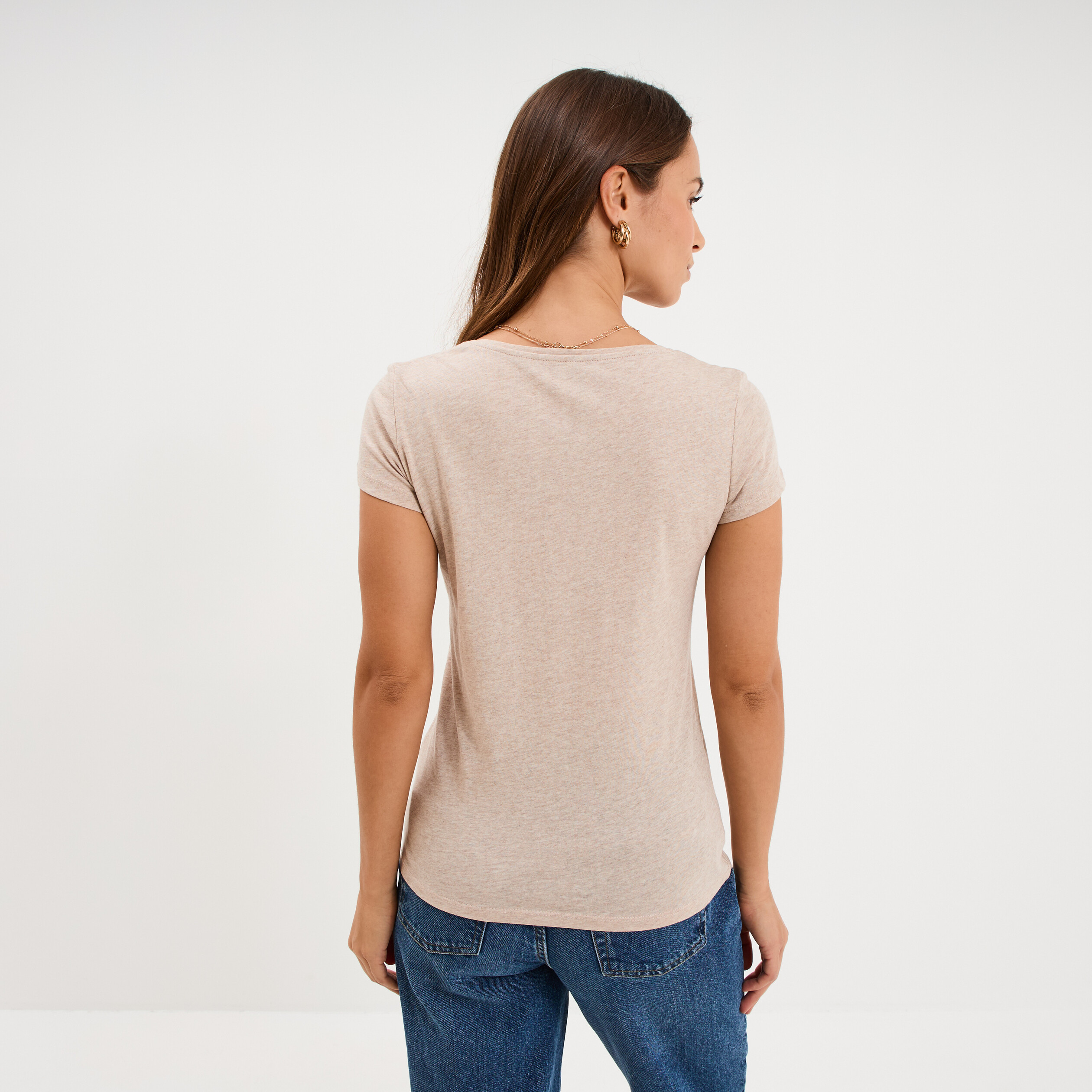 T-shirt coton col rond manches courtes beige femme