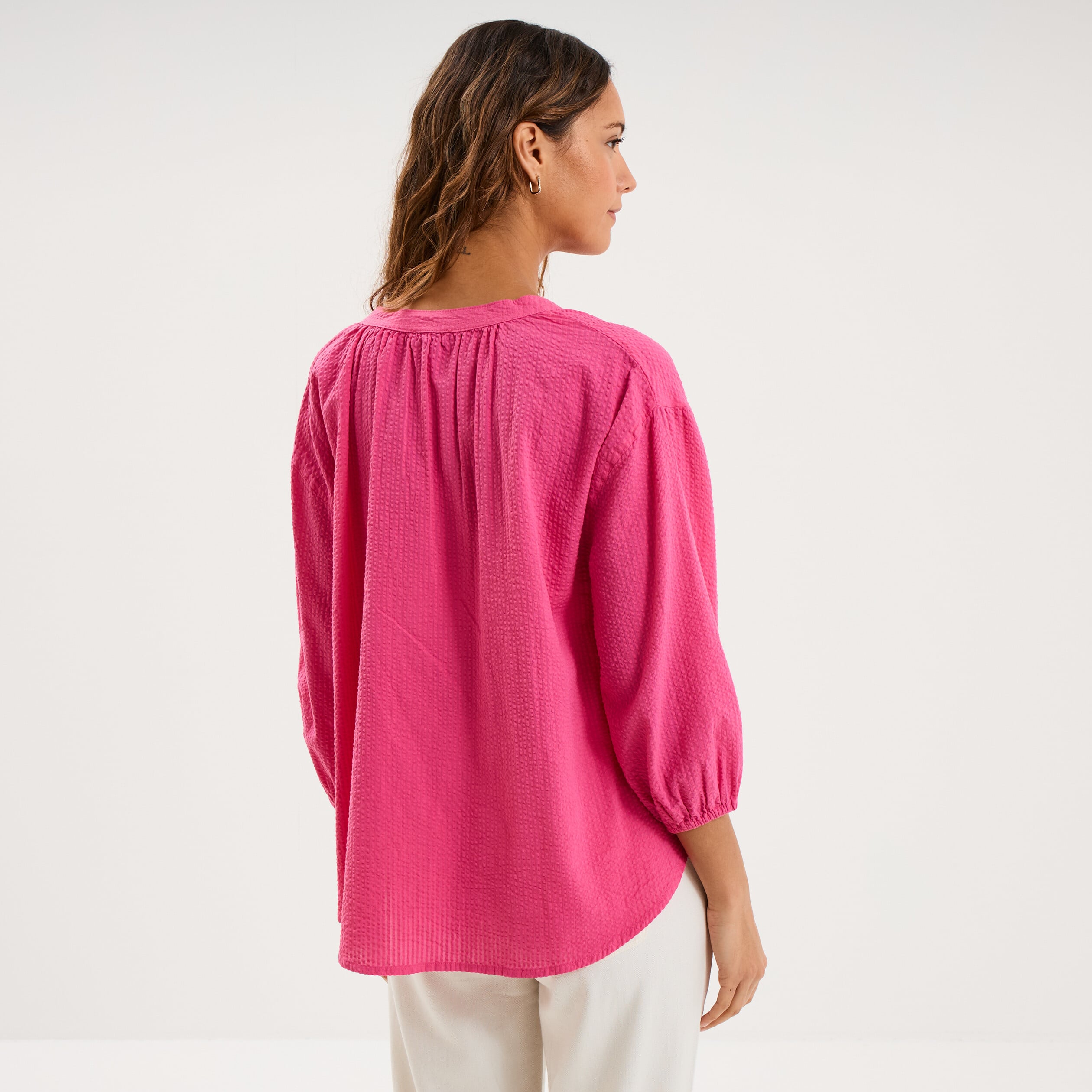 Blouse col tunisien manches 3/4 coton rose fushia femme