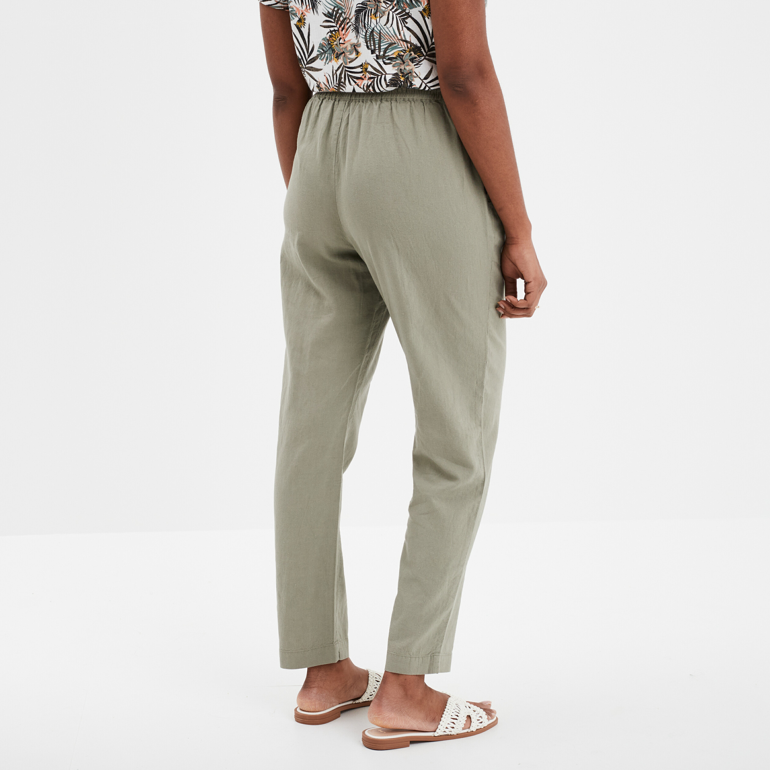 Pantalon droit 7/8&egrave;me lin m&eacute;lang&eacute; vert kaki femme