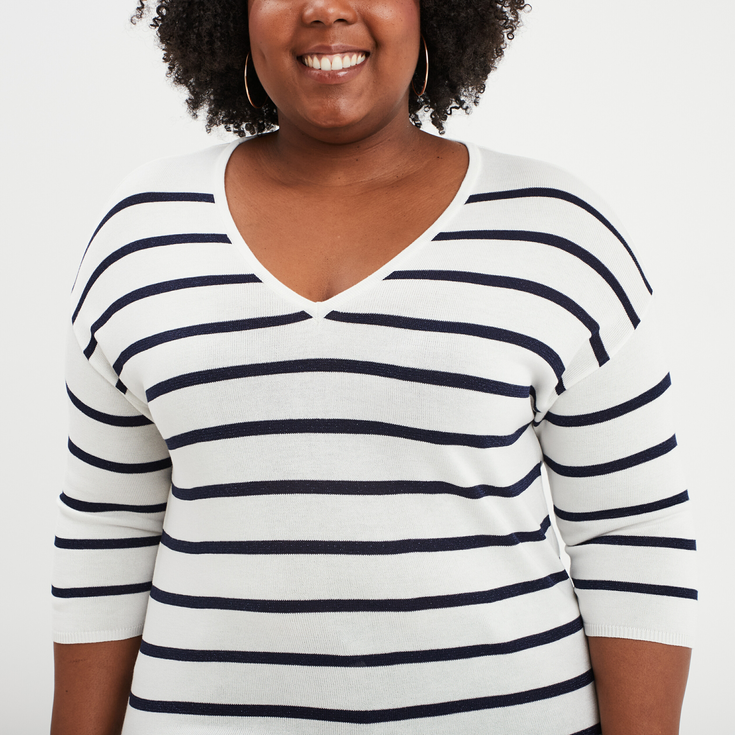 Pull col en V manches 3/4 ecru femme grande taille