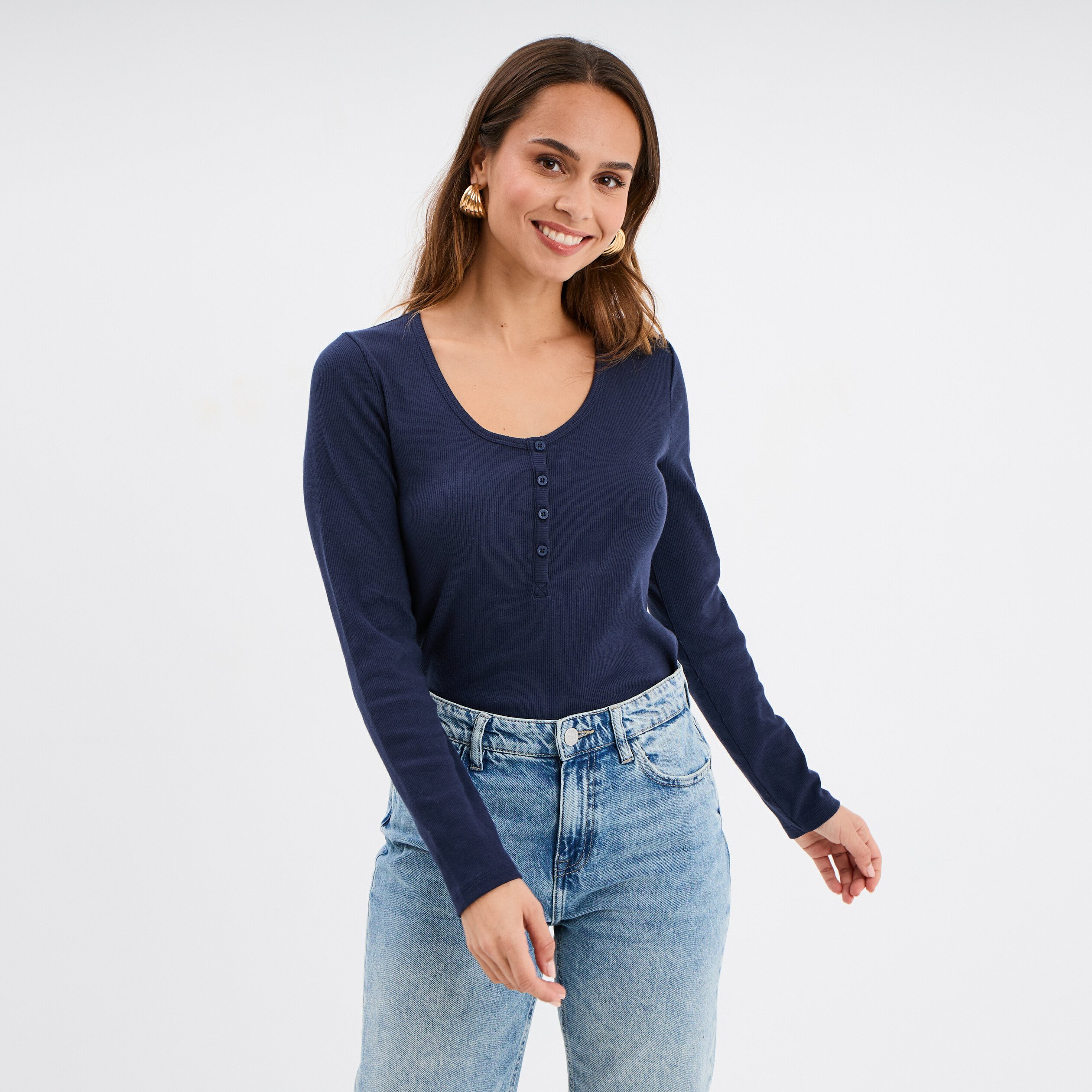 t shirt ajuste col tunisien jersey coton bleu marine femme T-shirt ajusté col tunisien jersey coton bleu marine femme