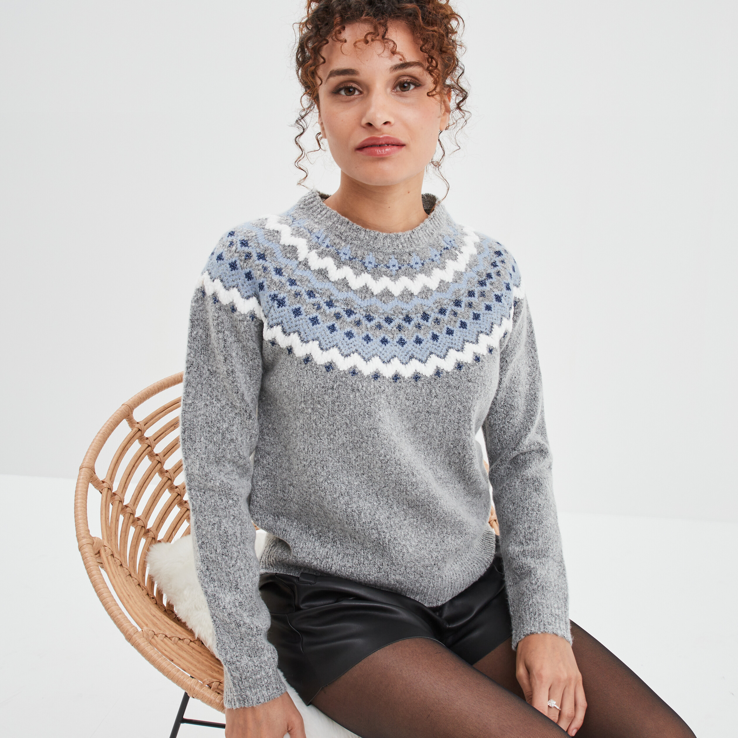 Pull jacquard col rond Creeks gris clair femme