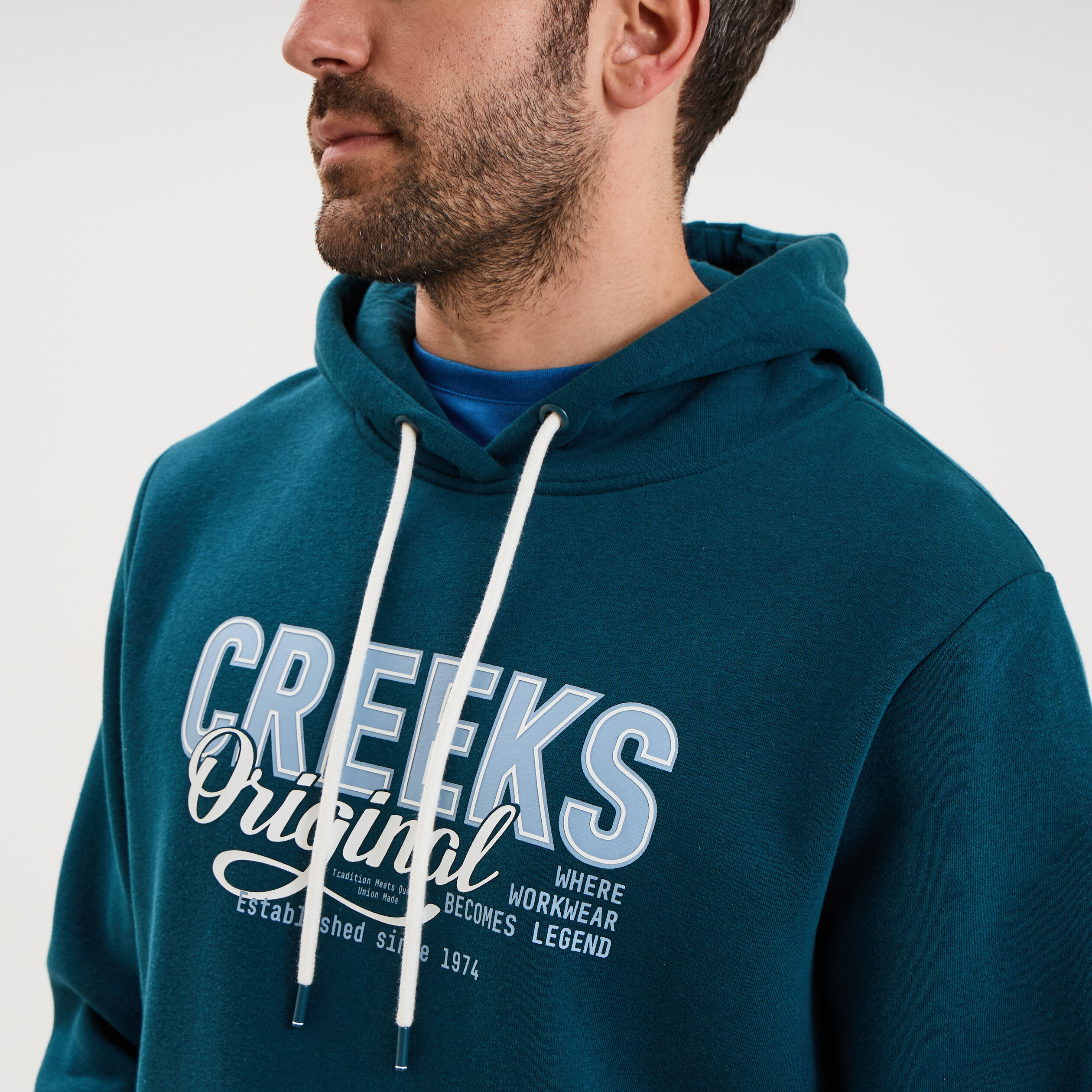 Sweat hoodie 1 poche et capuche bleu canard homme