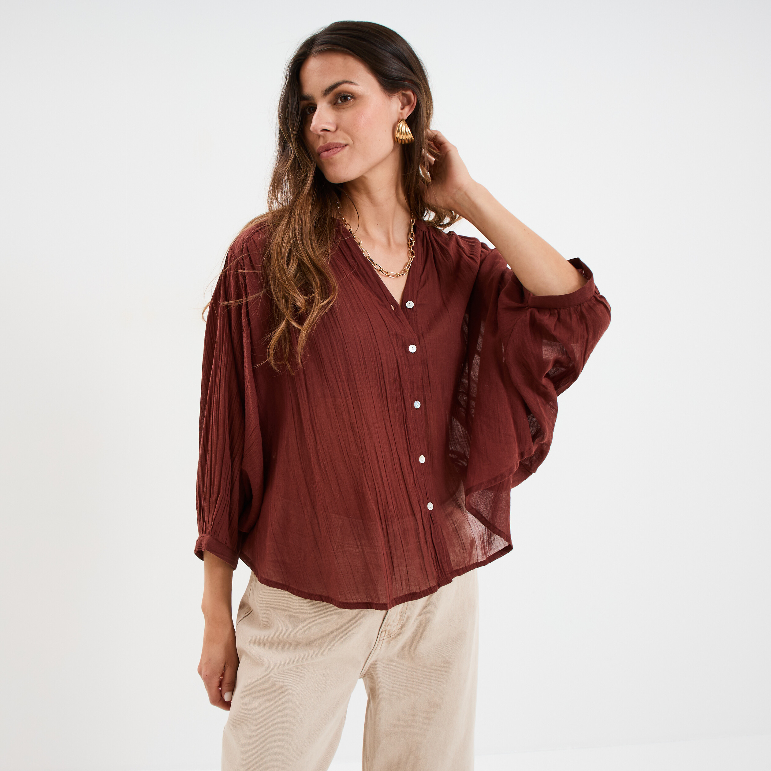 blouse oversize manches chauves souris marron femme Blouse oversize manches chauves-souris marron femme