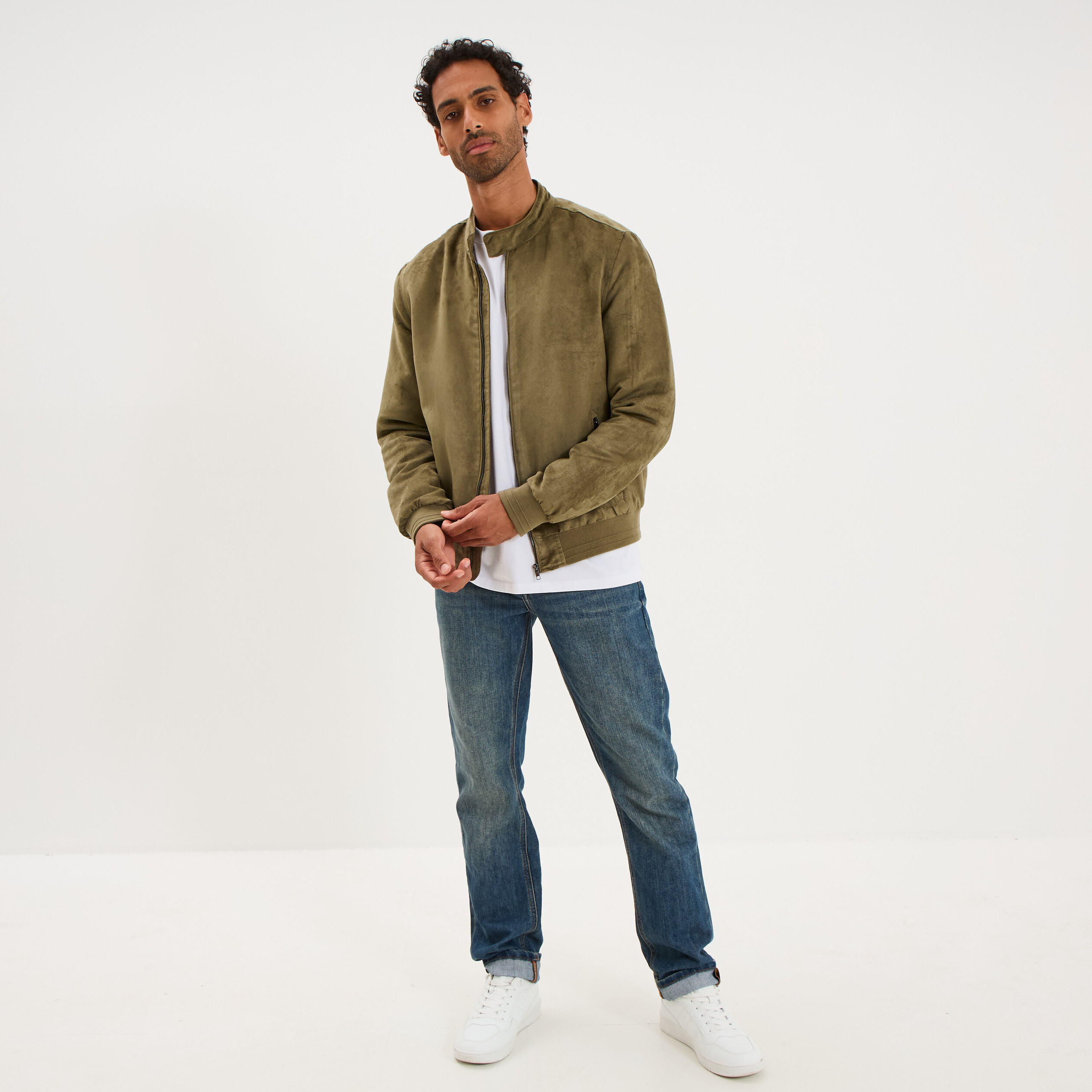 Blouson col biker en su&eacute;dine zipp&eacute; vert kaki homme