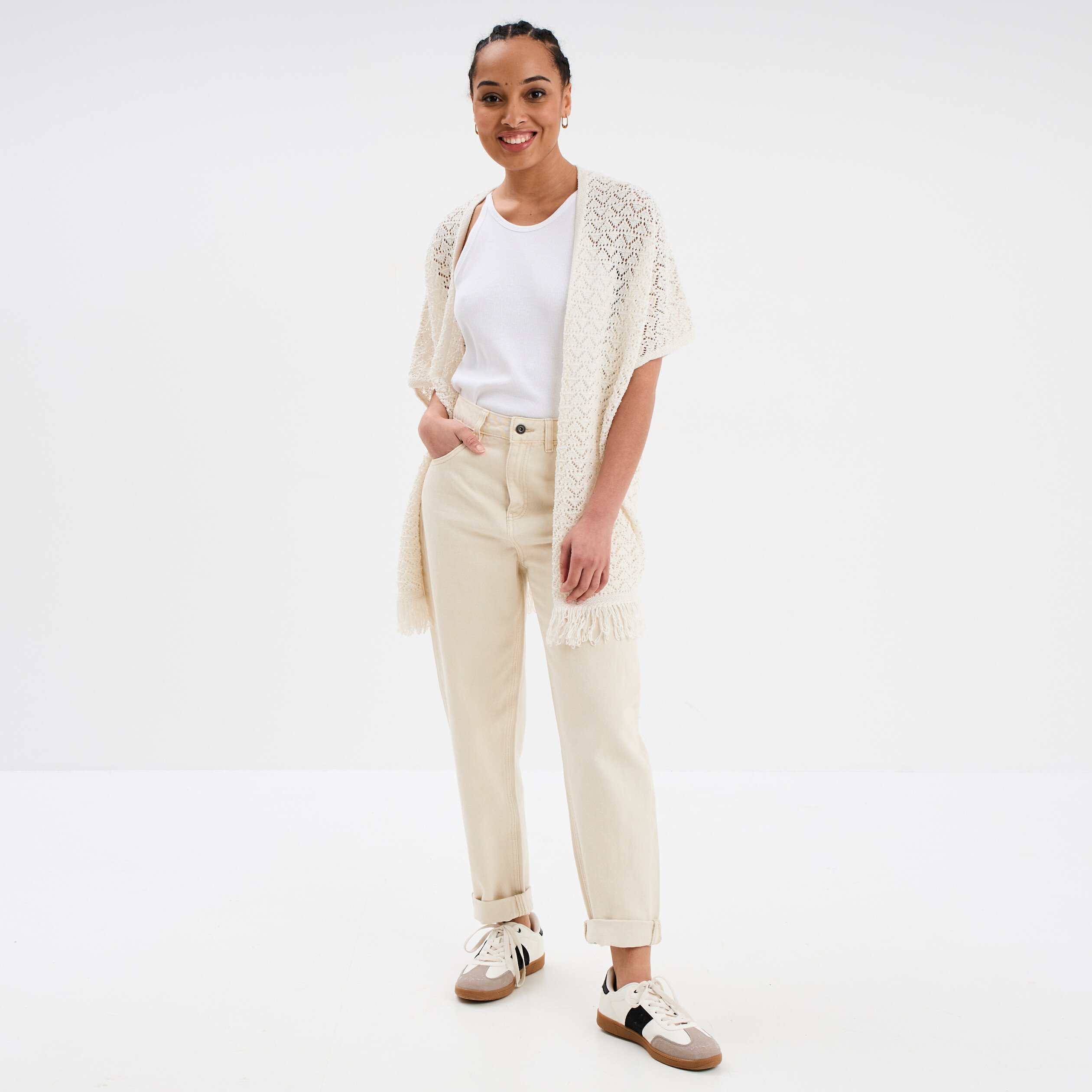 gilet mi long ajoure a franges blanc femme Gilet mi-long ajouré à franges blanc femme