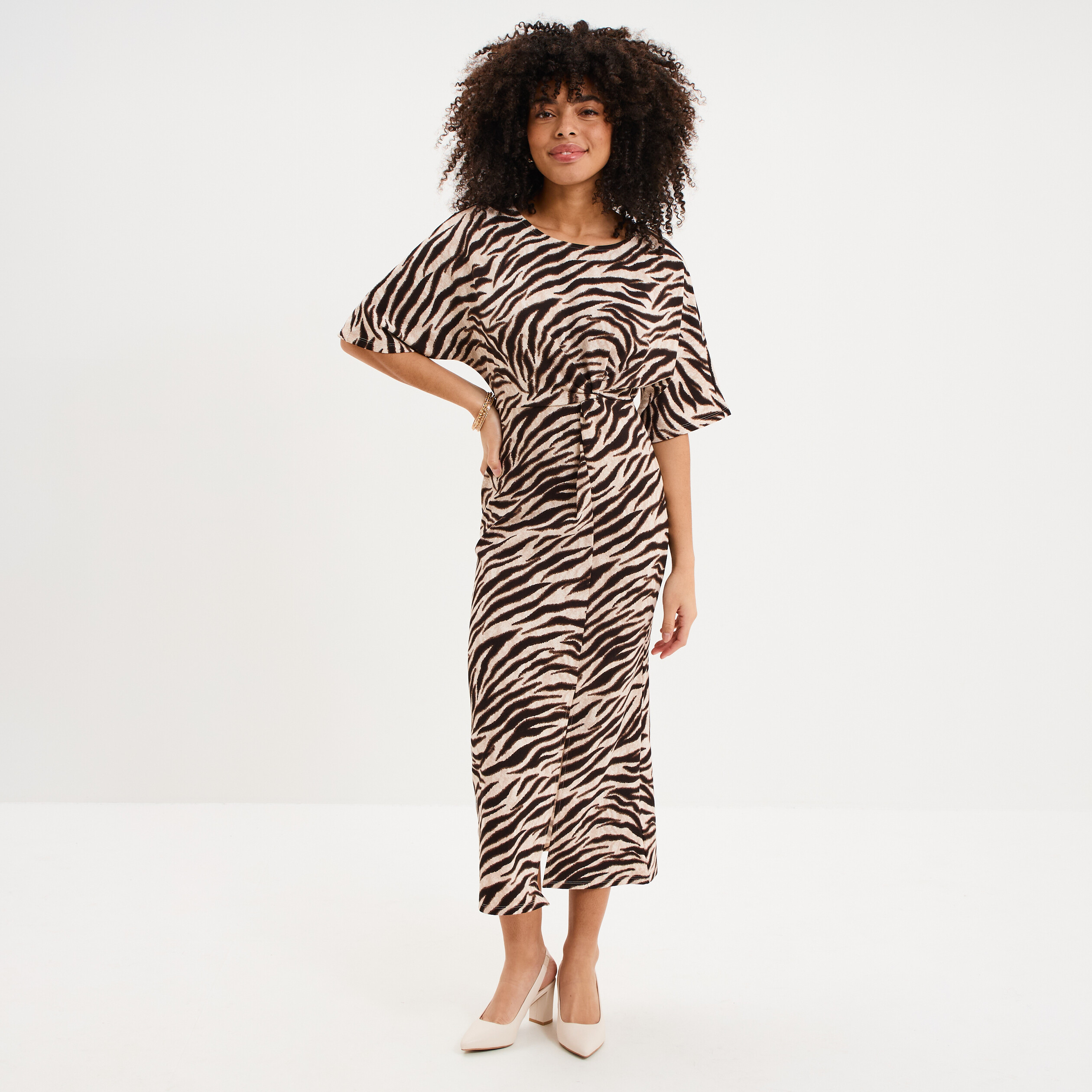 Robe longue fendue manches courtes ecru femme
