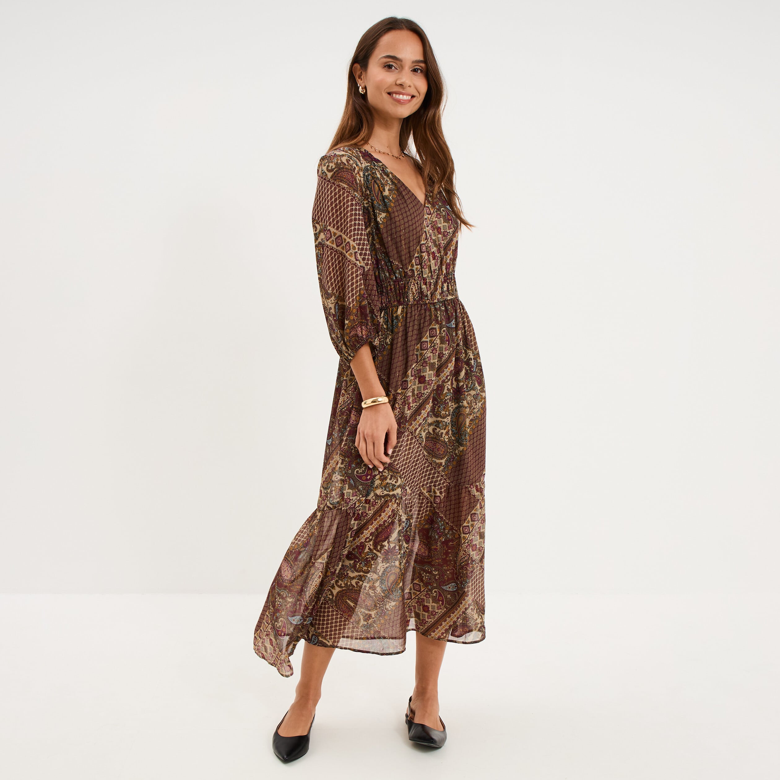 Robe longue fluide manches 3/4 col en V vert kaki femme